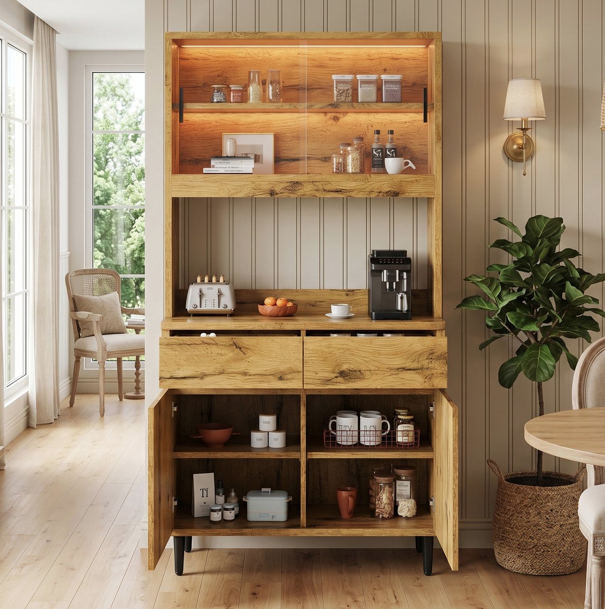 MIVRAY Buffetkast - Eiken Kleur Met Kleurenlicht En Glazen Schuifdeur - Voor Woonkamer En Eetkamer - Spaanplaat - 100x40x185 Cm