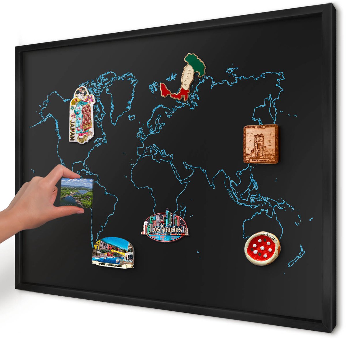 Artprintcave Zwart Magneetbord mit Zwart Frame - 70x50 cm - Wereldkaart Wandbord Magnetisch - Minimalist Magnetische Organizer - Kaarten