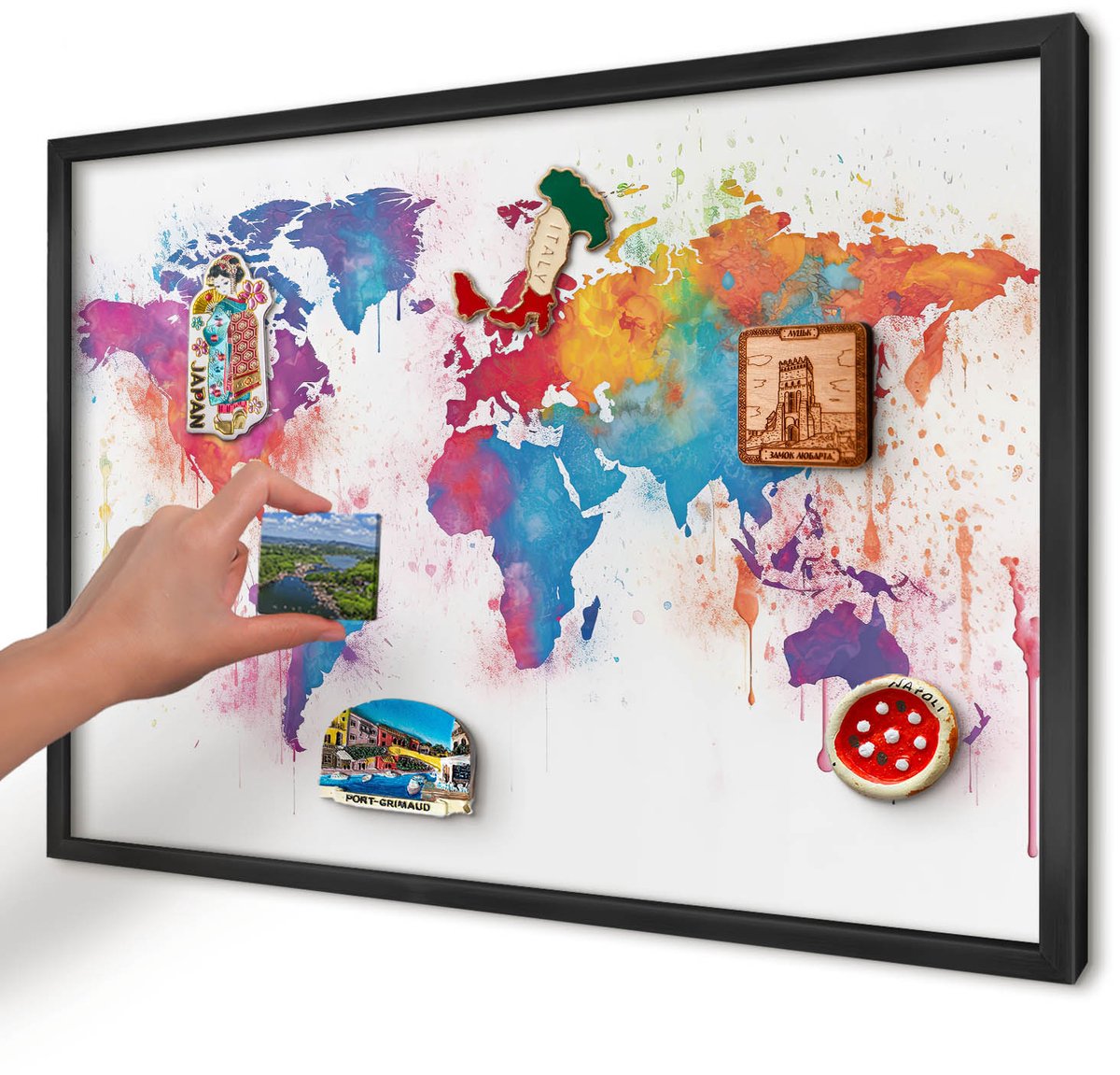 Artprintcave Blauw Magneetbord mit Zwart Frame - 60x40 cm - Kleurenkaart Magneet Bord mit Frame - Waterverf Notitiebord - Kaarten