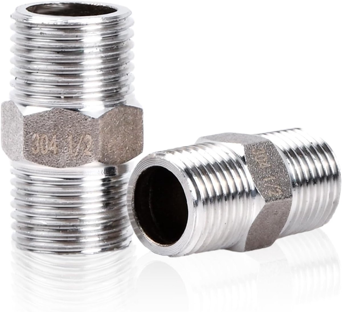 1/2 inch dubbele nippel schroefdraadfitting buitendraad (2 stuks), roestvrij staal, zilver, voor warm en koud watervoorziening, buisleidingen, ventielen, toevoerslangconnector voor