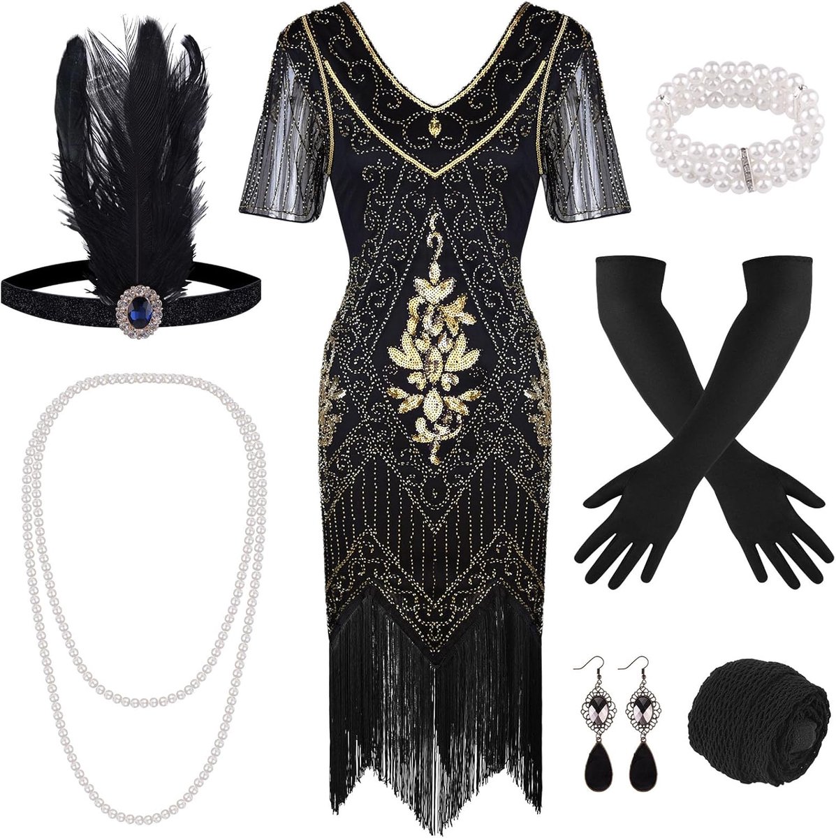 Jaren 20 V-hals pailletten kralen franjes jurk met 20s accessoires set (zwart goud, X-Large)
