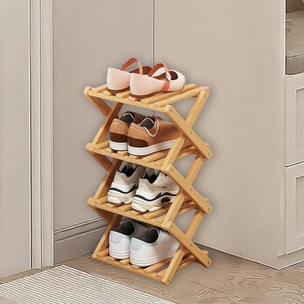 Schoenrek voor kleine ruimtes - 4 niveaus - Houten vouwbaar - Ideaal voor hal of slaapkamer - ShopVlot