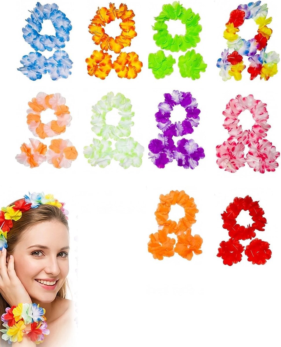 SolidKeus - Set van 10 Hawaï Bloemenkettingen en Hoofddeksels