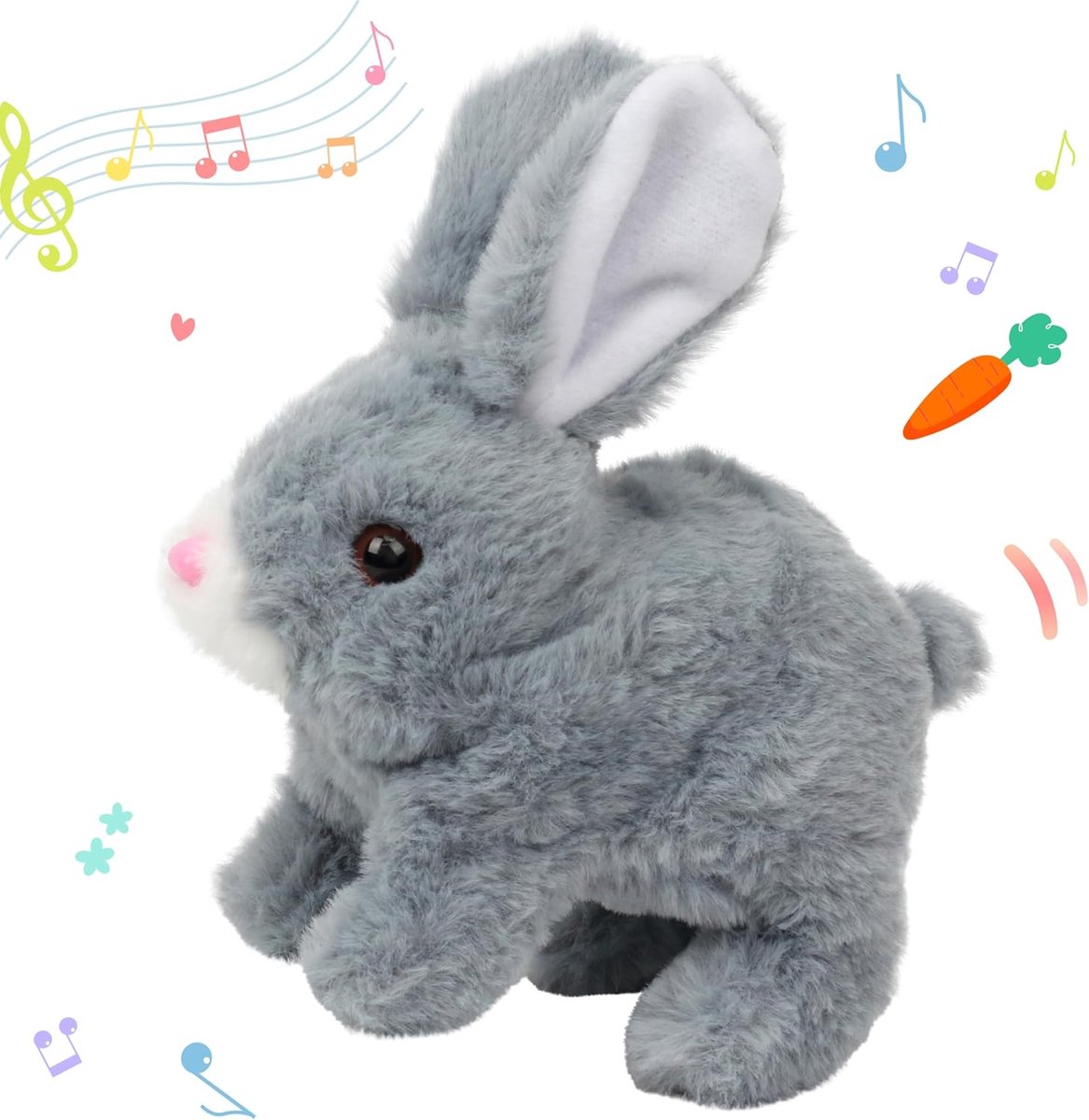 Hopping Rabbit Interactief elektronisch knuffeldier Pluchen konijn met geluiden en bewegingen Geanimeerd lopend Wiebelende oren Trillende neus Cadeaus voor peuters Verjaardag, Grijs, 18 cm