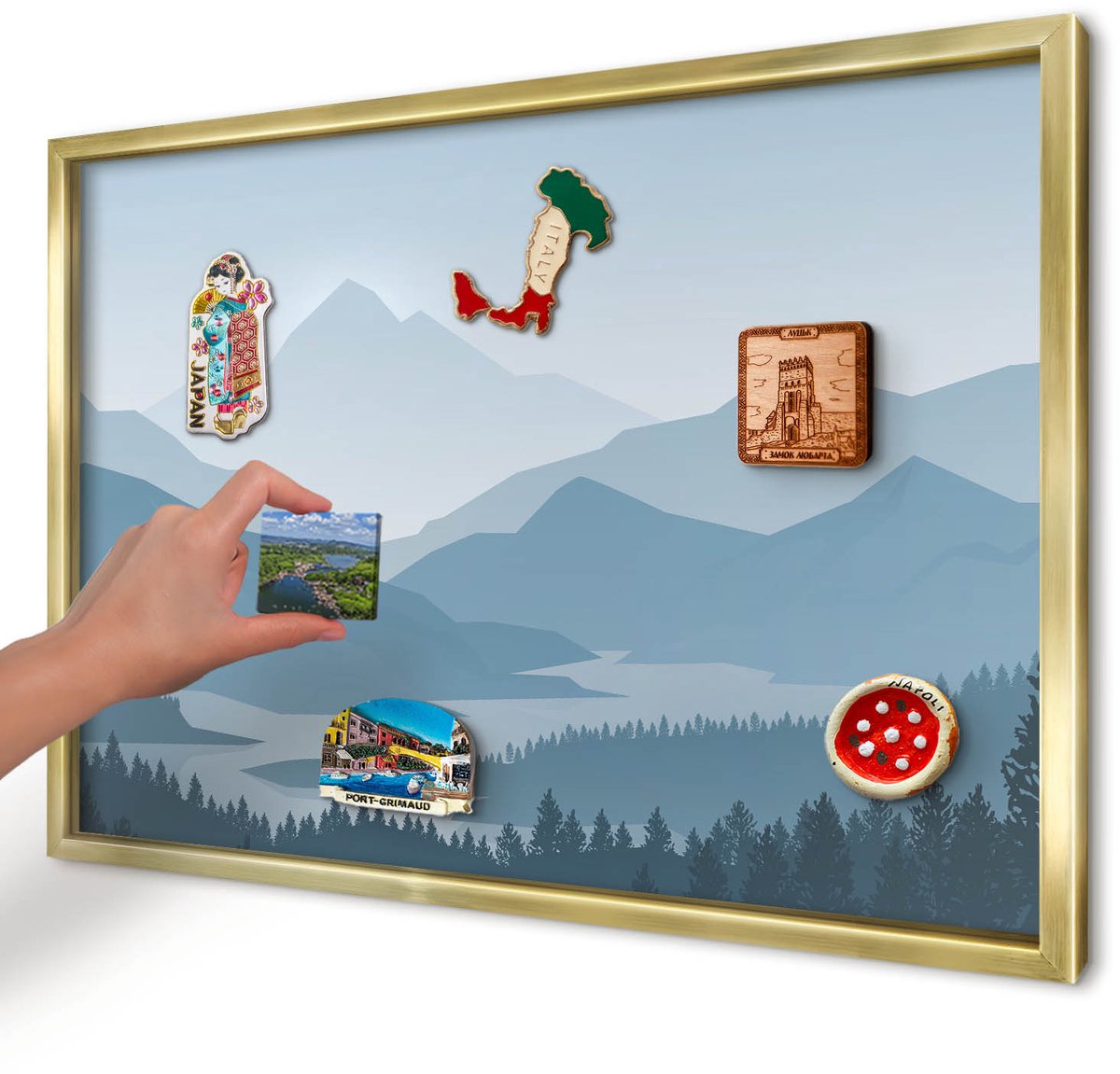Artprintcave Blauw Magneetbord mit Gouden Frame - 60x40 cm - Berg Harmonie Bord Voor Magneten - Abstract Magnetisch Bord Voor Magneten - Landschappen
