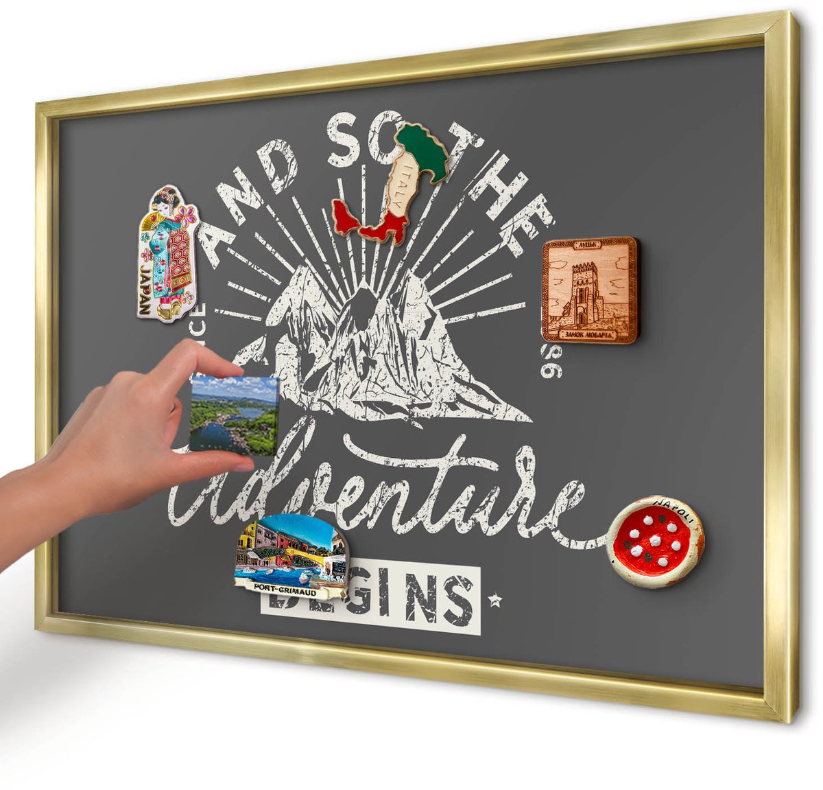 Artprintcave Grijs Magneetbord mit Gouden Frame - 60x40 cm - Berginscriptie Memobord Keuken - Vintage Magneetbord Voor Foto's - Teksten