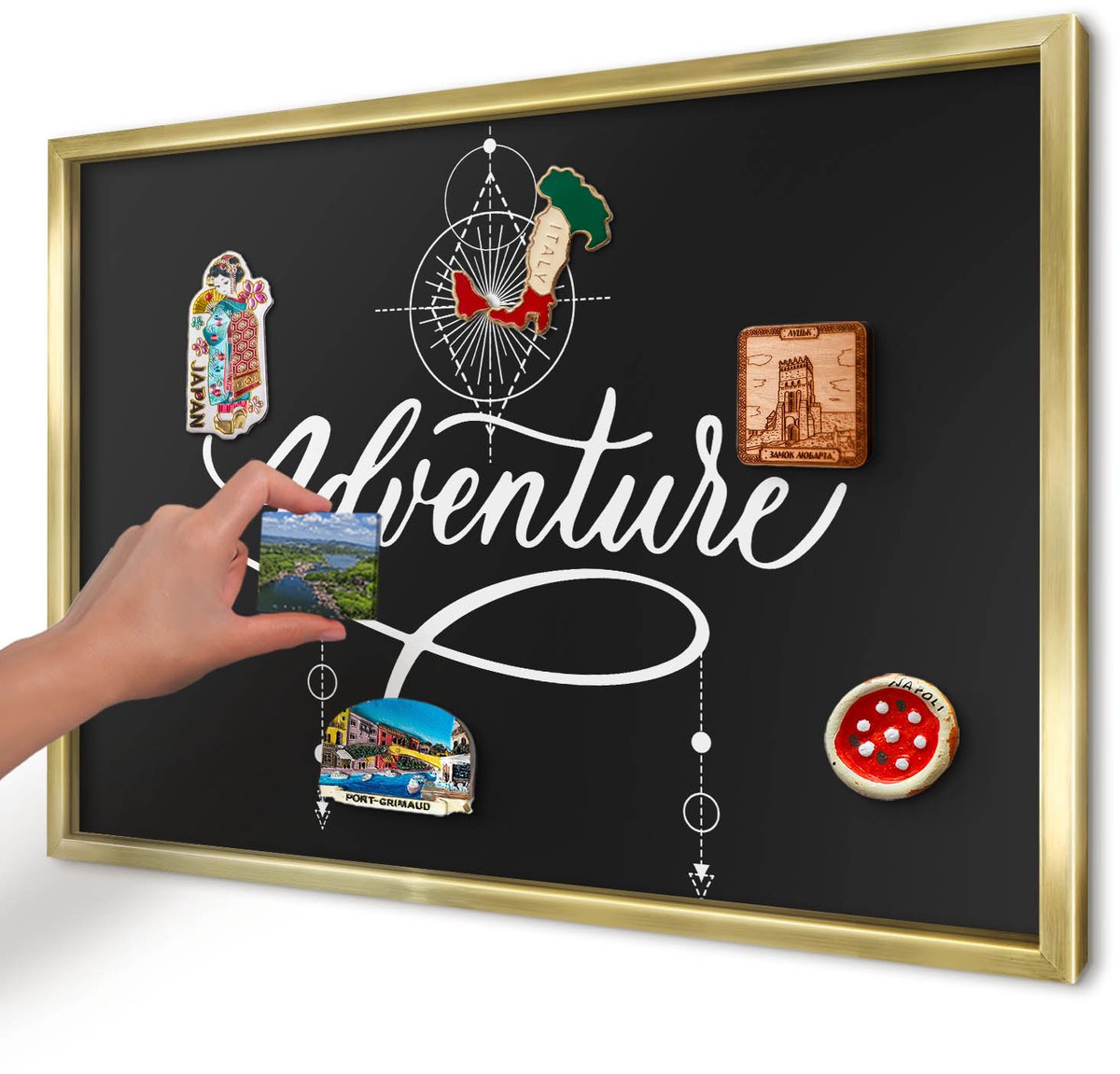 Artprintcave Zwart Magneetbord mit Gouden Frame - 60x40 cm - Reisinspiratie Magnetische Organizer - Minimalist Magneet Bord mit Frame - Teksten