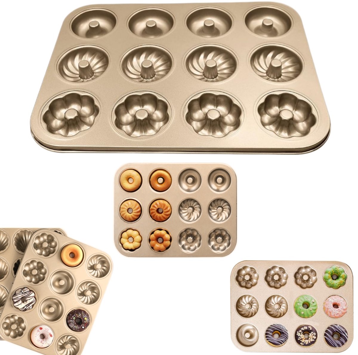 Donutbakvorm - Mini cakevorm - Broodbakgereedschap - Bakplaat met antiaanbaklaag van koolstofstaal - Ontwerp met 12 holtes - 3 bakpatronen - Voor het maken van donuts, muffins, minicakes, desserts, brood (Goudkleurig - 35,5 x 26,5 x 2,5 cm)