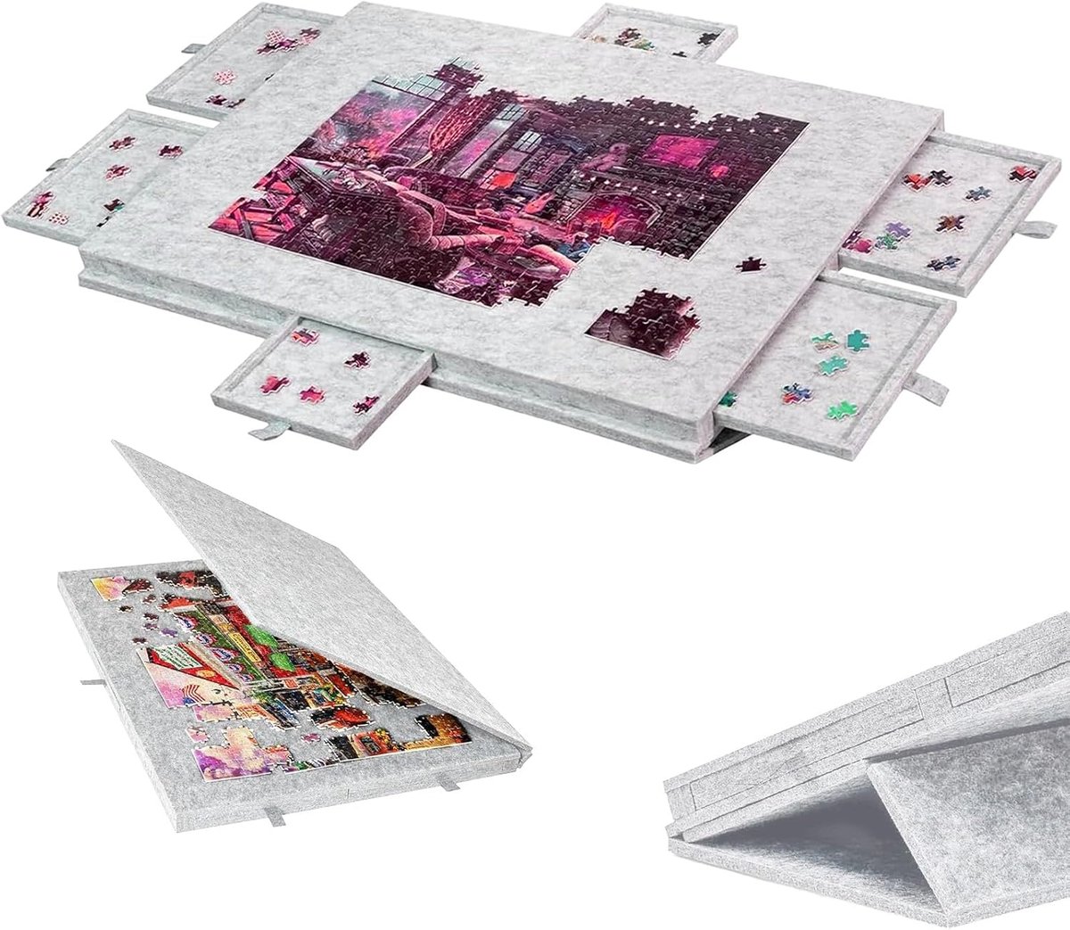 Puzzelbord 1000 stukjes, draagbaar puzzelbord met 6 laden, 2-in-1 afdekking en puzzelstandaard, puzzelbord, puzzeltafel, Jigsaw puzzel accessoires voor maximaal 1000 stukjes (grijs)