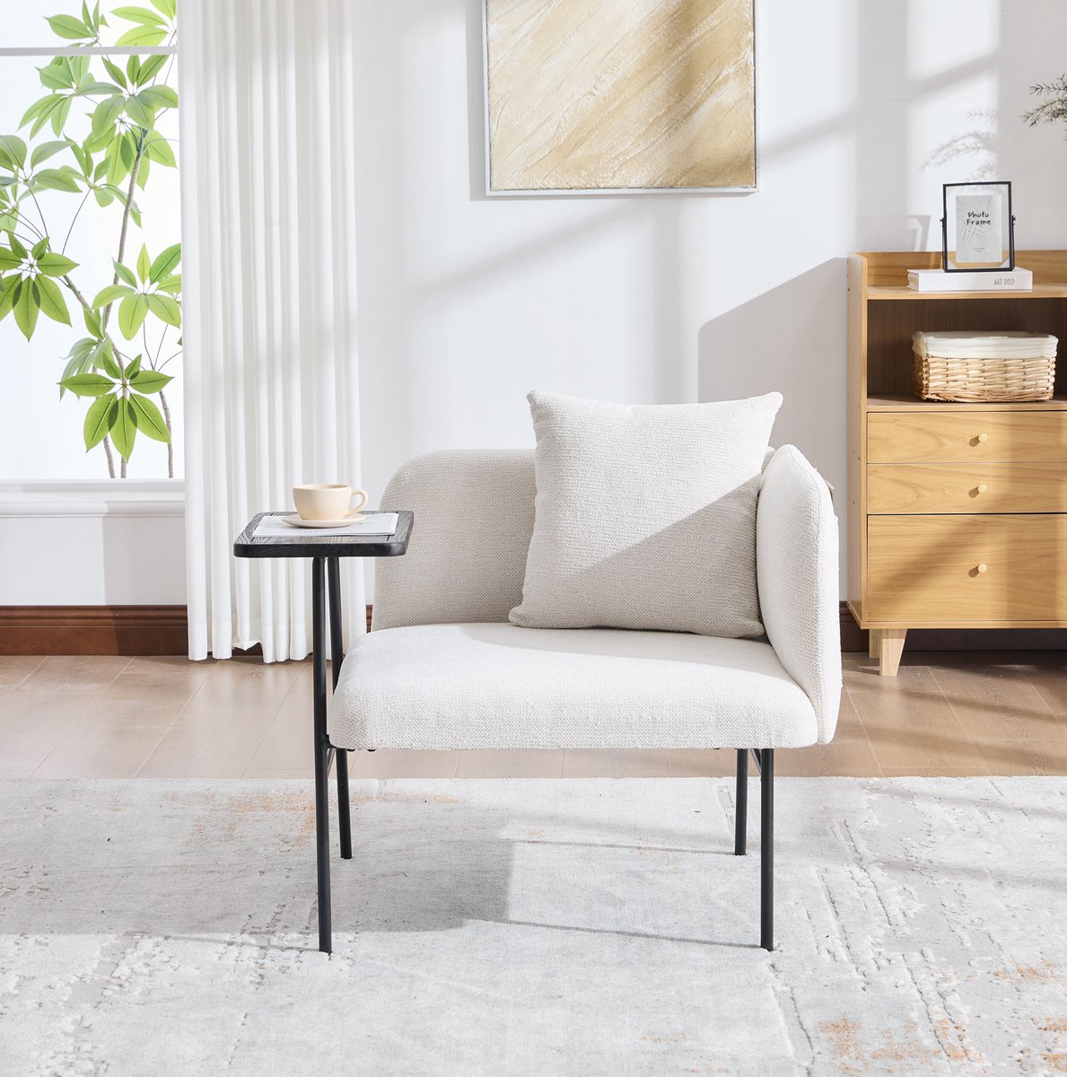 REDOM Fauteuil met bijzettafel en opbergruimte - Chenille bekleding - Met armleuningen en kussenzitting - Scandinavische stijl - Woonkamer of werkkamer - Metalen onderstel - Beige - 86 x 72 x 71 cm