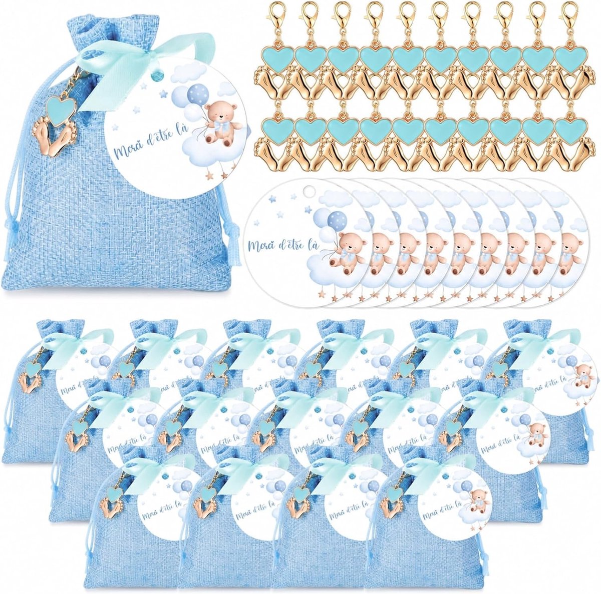 Set van 20 Doopbedankjes met Ronde Doopkaart, Sleutelhangertje en Trekkoordtasje voor Babyshowers en Verjaardagen, Inclusief Lint en Cadeauverpakking