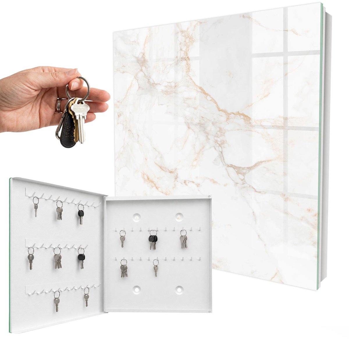 WallMuralia - Sleutelkast - 30x30x5 cm - met 50 haken - De Elegantie Van Marmer Sleutelkastje Voor Binnen - Wit Sleutelbox - Linksopenend - Wit interieur
