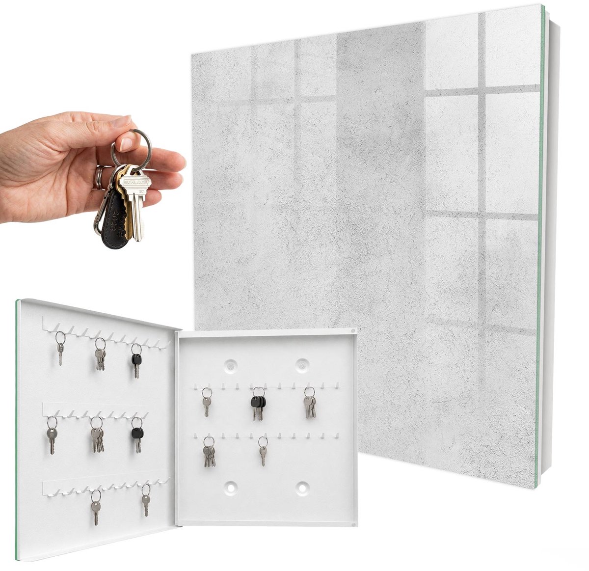 WallMuralia - Sleutelkast - 30x30x5 cm - met 50 haken - Grijze Textuur Sleutelkastje Huis - Grijs Sleutelbox - Linksopenend - Wit interieur