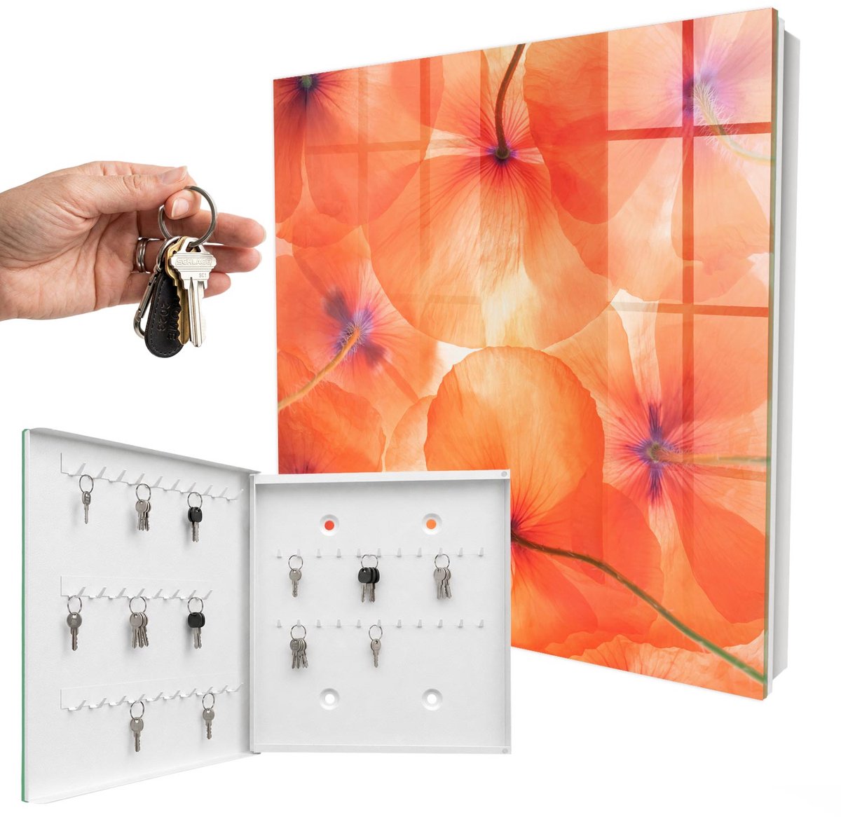 WallMuralia - Sleutelkast - 30x30x5 cm - met 50 haken - Bloemige Extase Sleutelkastje - Oranje Sleutelbox - Linksopenend - Wit interieur