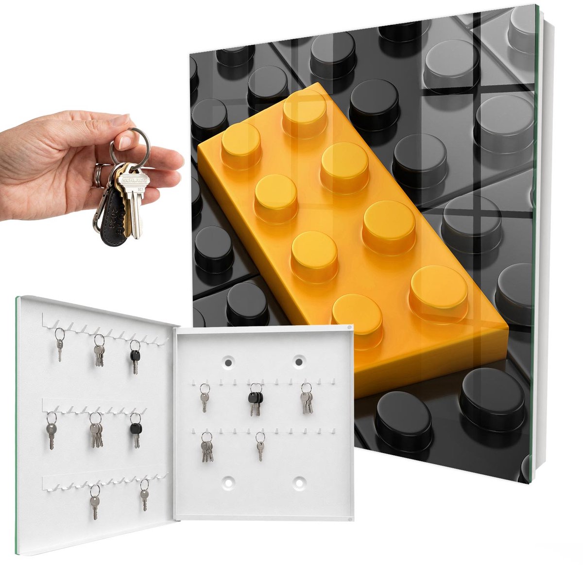 WallMuralia - Sleutelkast - 30x30x5 cm - met 50 haken - Geel Blok Sleutelkastje Industrieel - Geel Sleutelbox - Linksopenend - Wit interieur