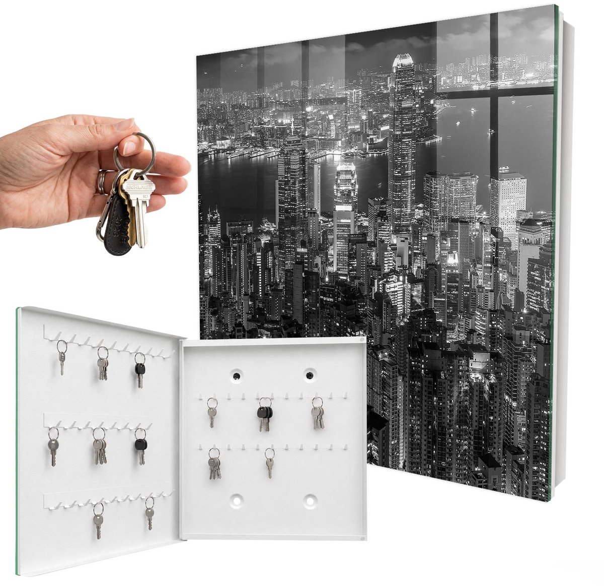 WallMuralia - Sleutelkast - 30x30x5 cm - met 50 haken - Stadsnacht Sleutelkastje Voor Binnen - Zwart Sleutelbox - Linksopenend - Wit interieur