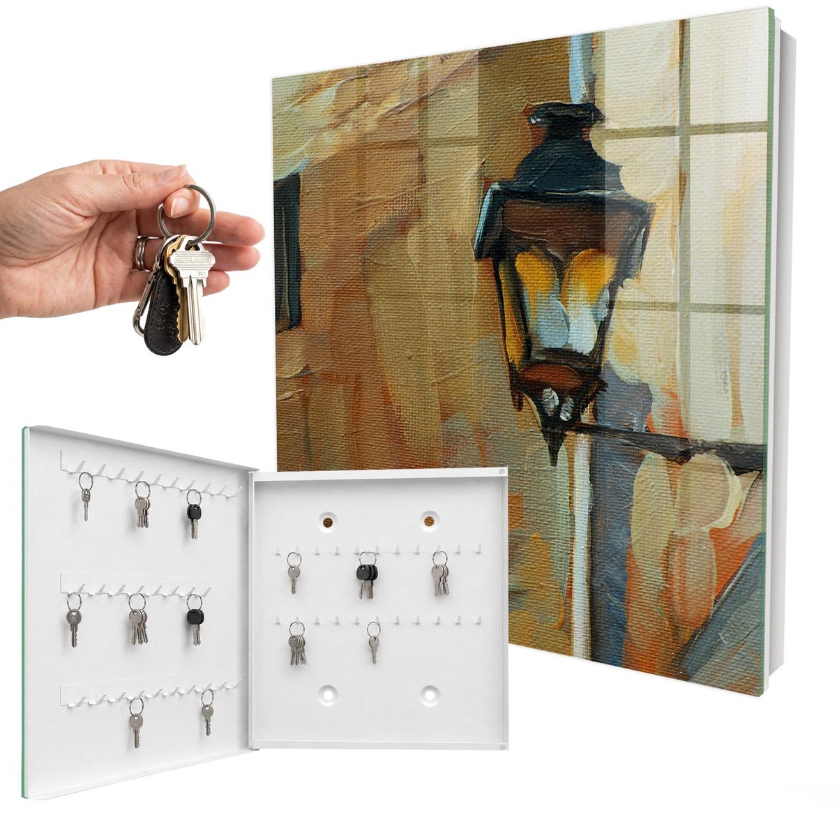 WallMuralia - Sleutelkast - 30x30x5 cm - met 50 haken - Retro Lamp Sleutelkastje Voor Binnen - Beige Sleutelbox - Linksopenend - Wit interieur