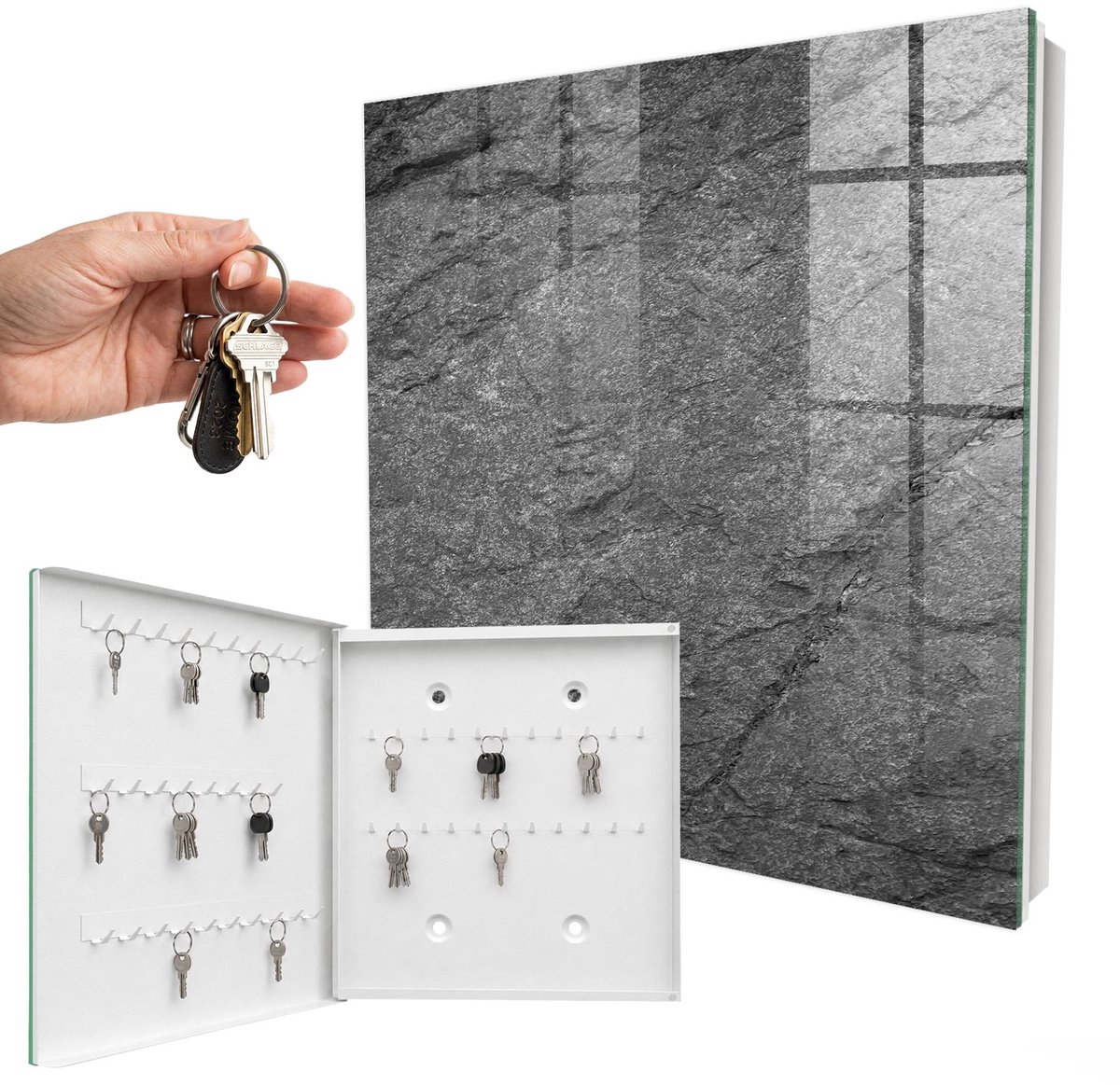 WallMuralia - Sleutelkast - 30x30x5 cm - met 50 haken - Grijze Steen Sleutelkastje Design - Grijs Sleutelbox - Linksopenend - Wit interieur