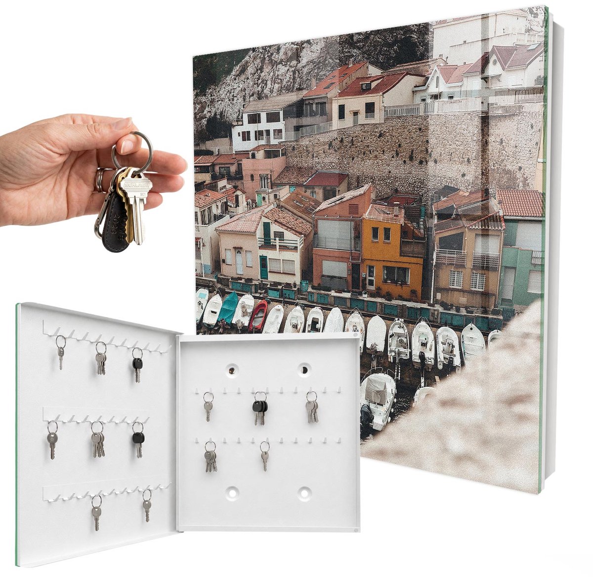 WallMuralia - Sleutelkast - 30x30x5 cm - met 50 haken - Een Kustplaats Sleutelkastje Huis - Beige Sleutelbox - Linksopenend - Wit interieur