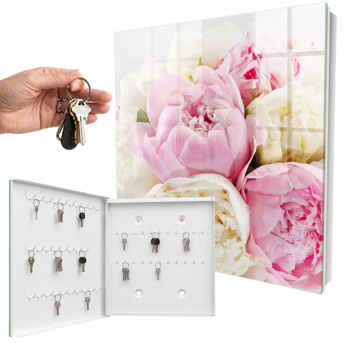 WallMuralia - Sleutelkast - 30x30x5 cm - met 50 haken - Pastelkleurige Bloemen Sleutelkastje Landelijk - Roze Sleutelbox - Linksopenend - Wit interieur