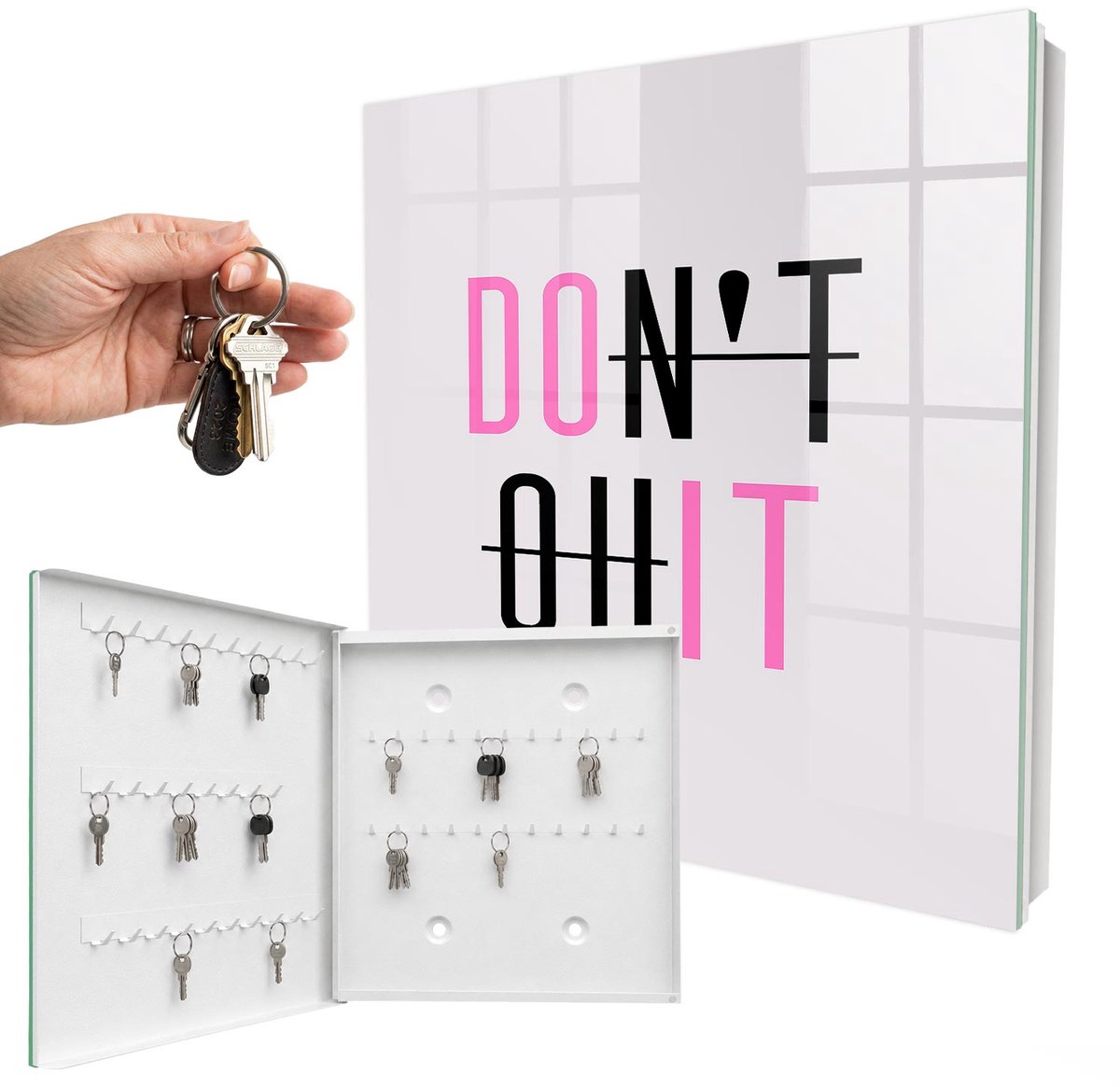 WallMuralia - Sleutelkast - 30x30x5 cm - met 50 haken - Motiverende Typografie Sleutelkastje Gang - Zwart Sleutelbox - Linksopenend - Wit interieur