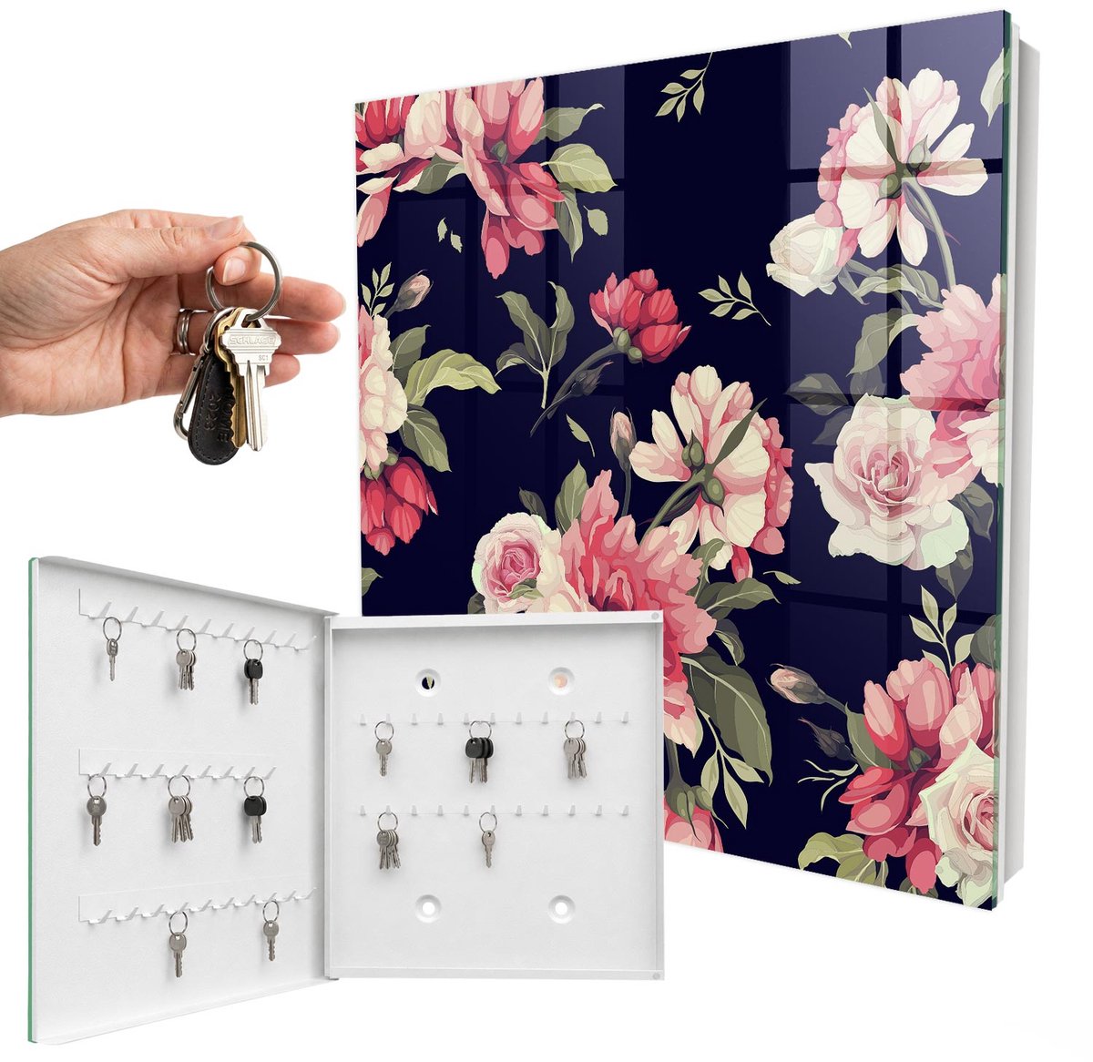 WallMuralia - Sleutelkast - 30x30x5 cm - met 50 haken - Romantische Bloemen Sleutelkastje Industrieel - Marine Sleutelbox - Linksopenend - Wit interieur