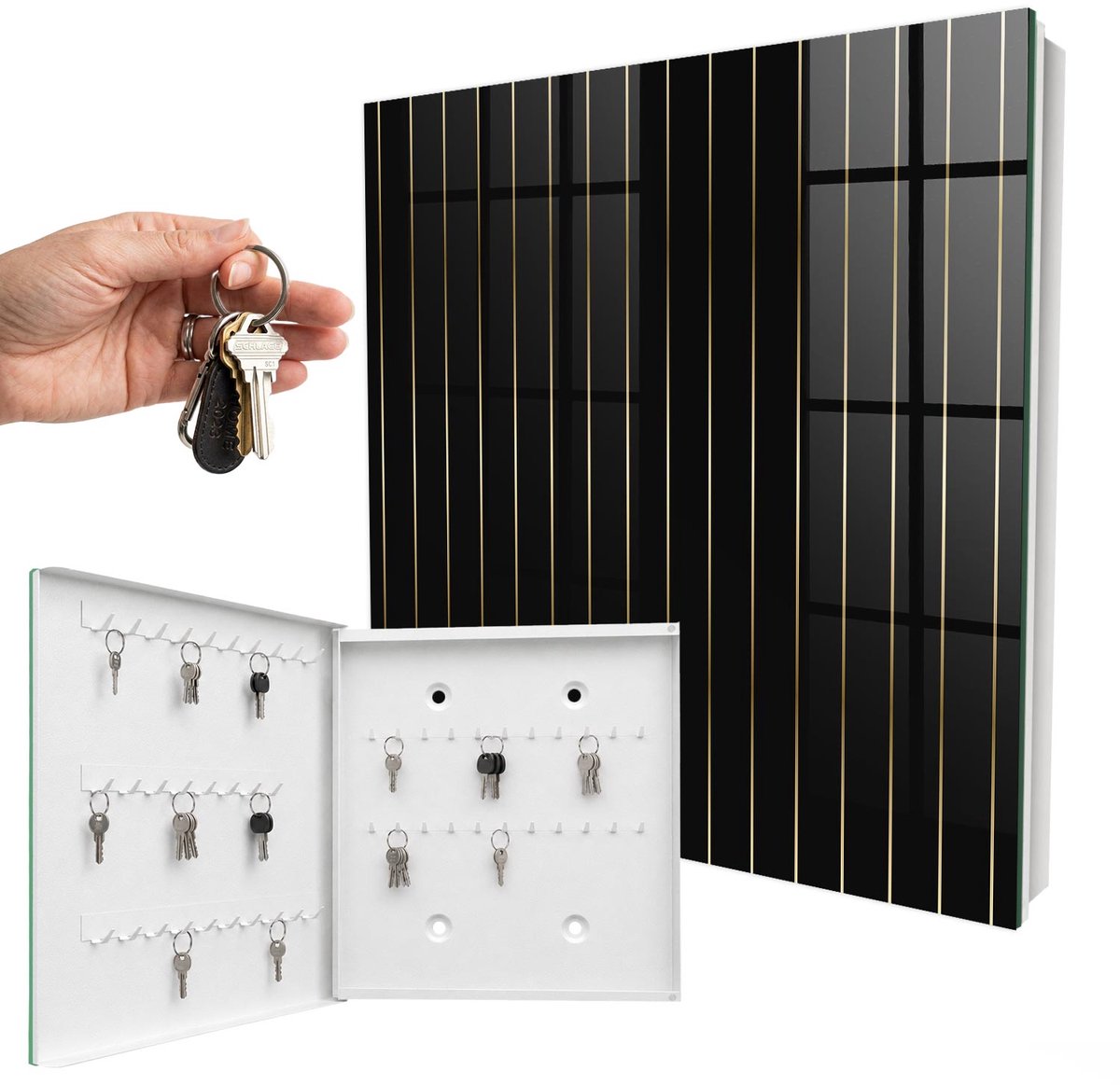 WallMuralia - Sleutelkast - 30x30x5 cm - met 50 haken - Subtiele Lijnen Sleutelkastje Hal - Zwart Sleutelbox - Linksopenend - Wit interieur
