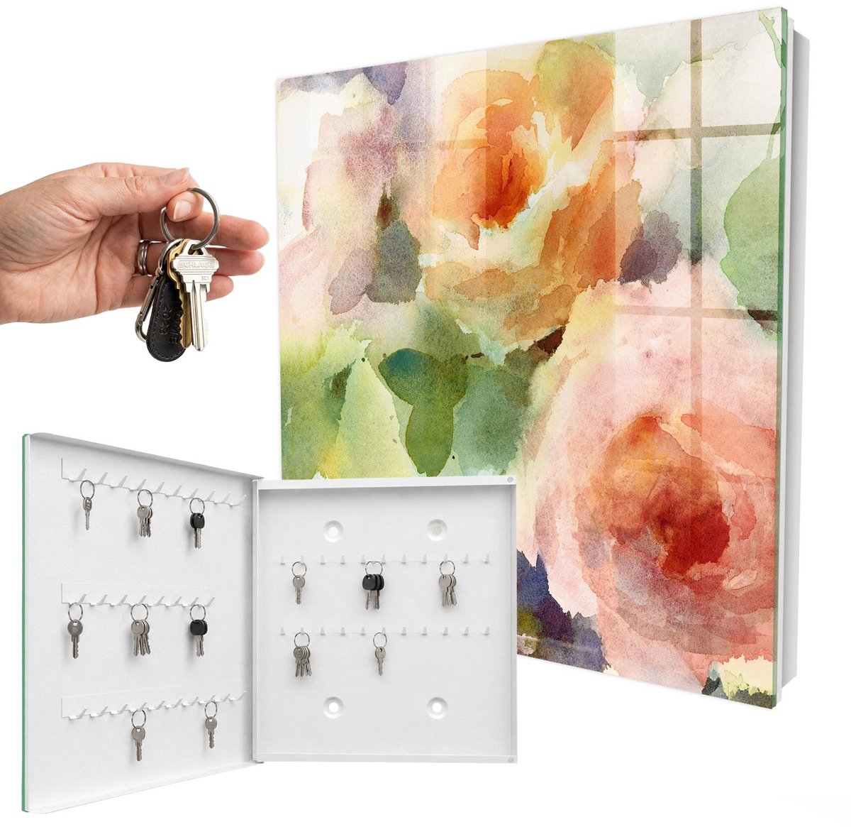 WallMuralia - Sleutelkast - 30x30x5 cm - met 50 haken - Bloemenmotief Sleutelkastje Gang - Groente Sleutelbox - Linksopenend - Wit interieur