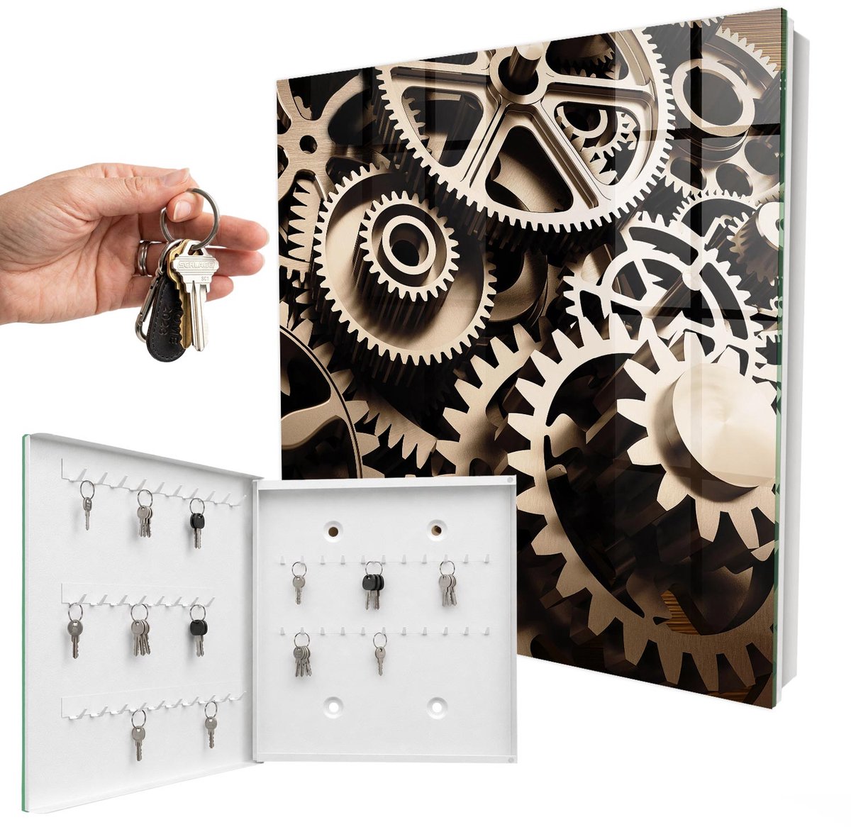 WallMuralia - Sleutelkast - 30x30x5 cm - met 50 haken - Mechanische Symbiose Sleutelkastje Design - Grijs Sleutelbox - Linksopenend - Wit interieur