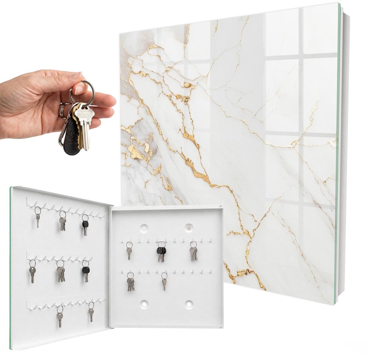 WallMuralia - Sleutelkast - 30x30x5 cm - met 50 haken - Prachtig Marmerpatroon Sleutelkastje Hal - Wit Sleutelbox - Linksopenend - Wit interieur
