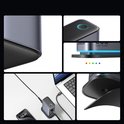 Collage: grijze adapterrand, Joyroom logo met blauwe ring, rode en blauwe LED-lampjes, oplader aangesloten op laptop en telefoon, oplader op zwarte standaard.