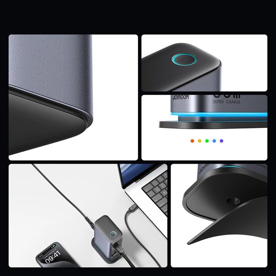 Collage: grijze adapterrand, Joyroom logo met blauwe ring, rode en blauwe LED-lampjes, oplader aangesloten op laptop en telefoon, oplader op zwarte standaard.