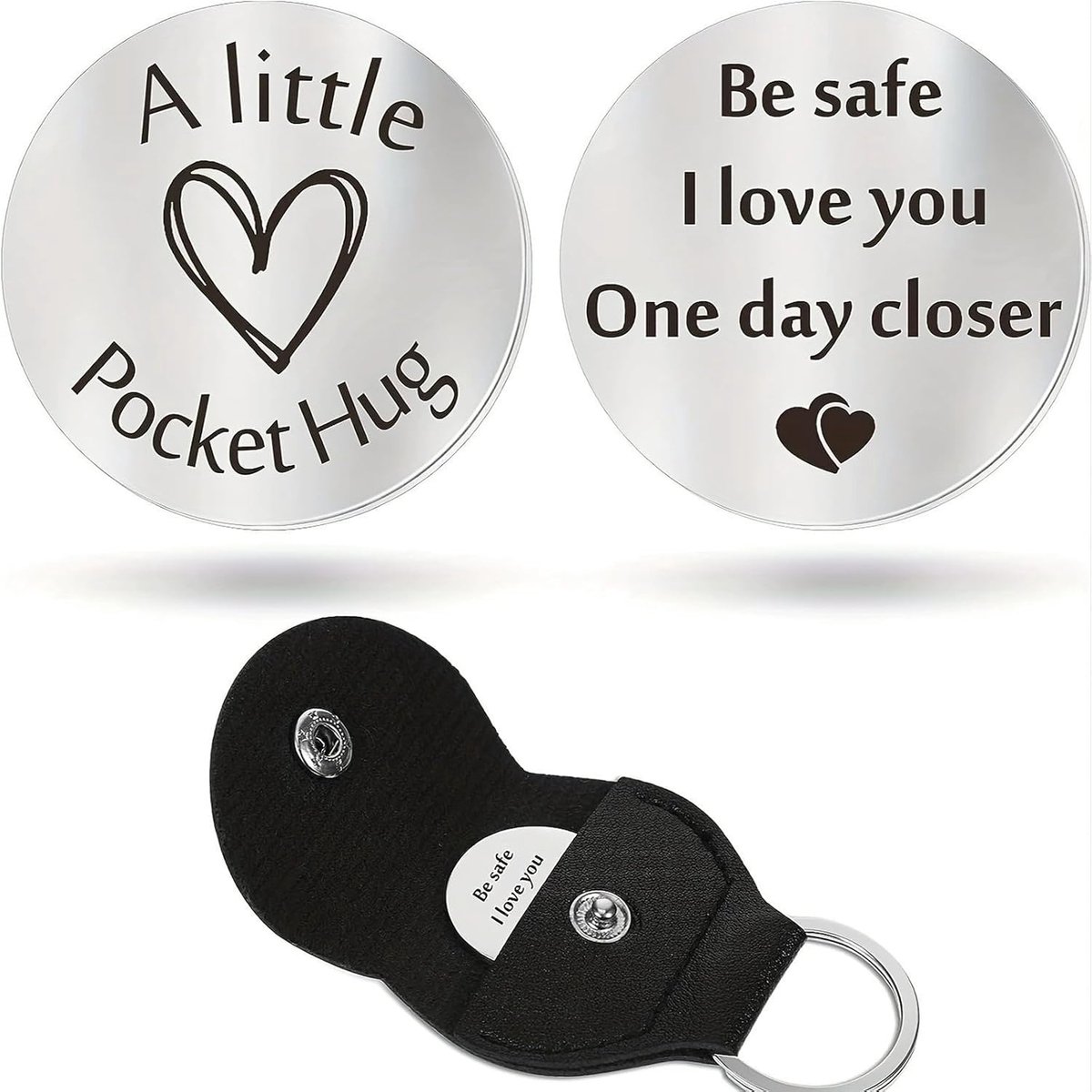 Hug Roestvrijstalen geluksmunt, Token Lange Afstand Relatie aandenken Inspirerend Cadeau met PU-lederen Sleutelhanger voor Familie, Vrienden, Dochter Zoon, zilver, M