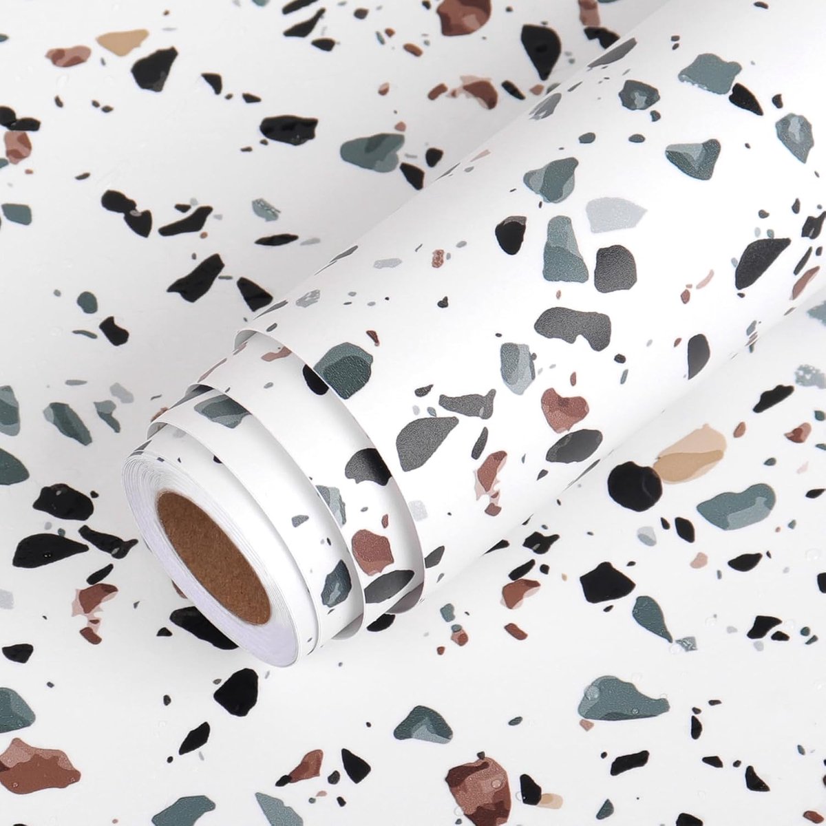 Plakfolie, zelfklevend, wit, meubeldekking, steeneffect, terrazzo-effect, 40 cm x 700 cm, graniet, coating, wasbaar