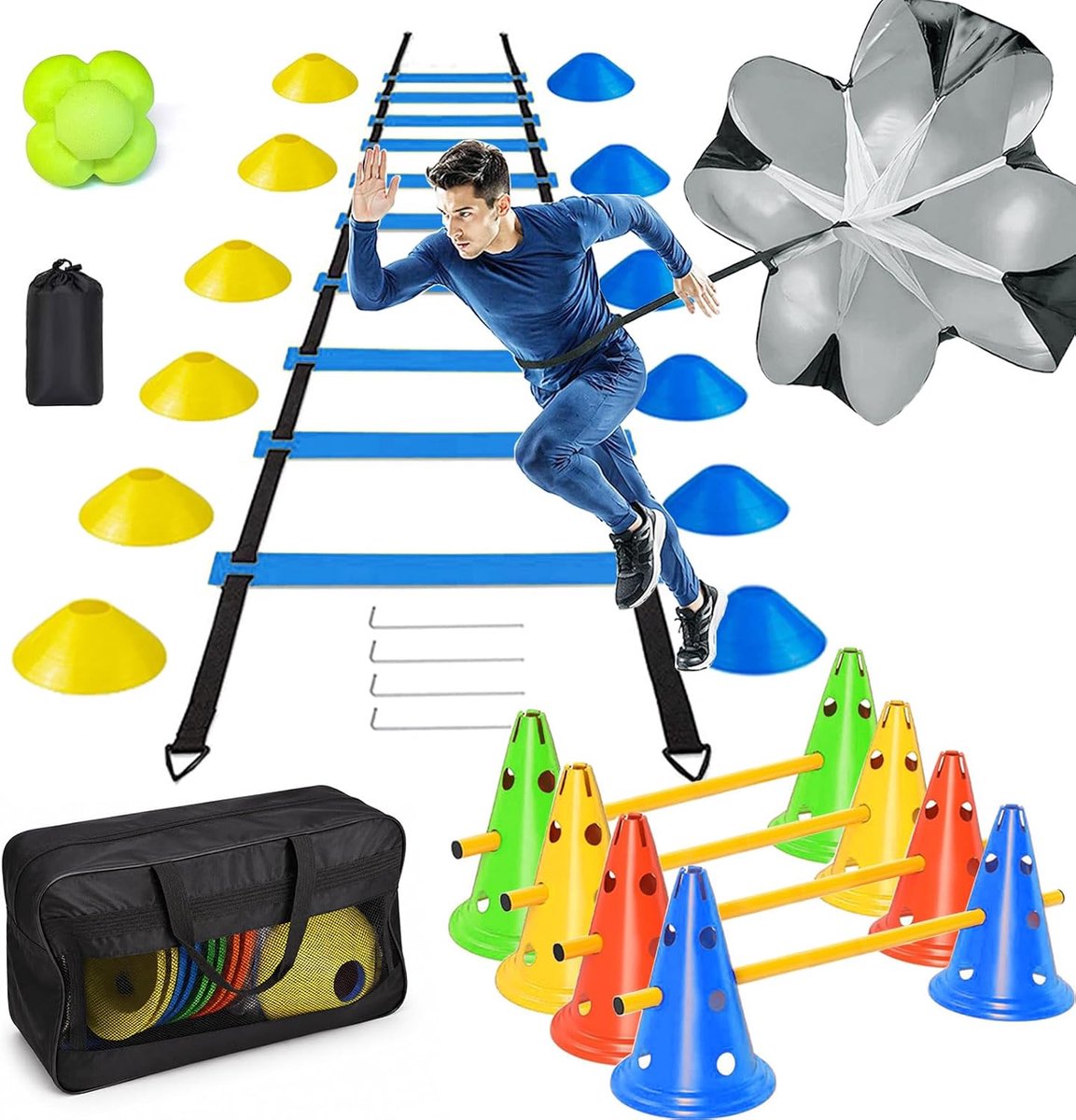 trainingsaccessoires, coördinatieladder 6 m met 12 hoedjes, 4 obstakels met 8 kegels + 4 stangen, reactiebal, weerstandsscherm, slalomstangen voor voetbal, trainingsset, hondensport