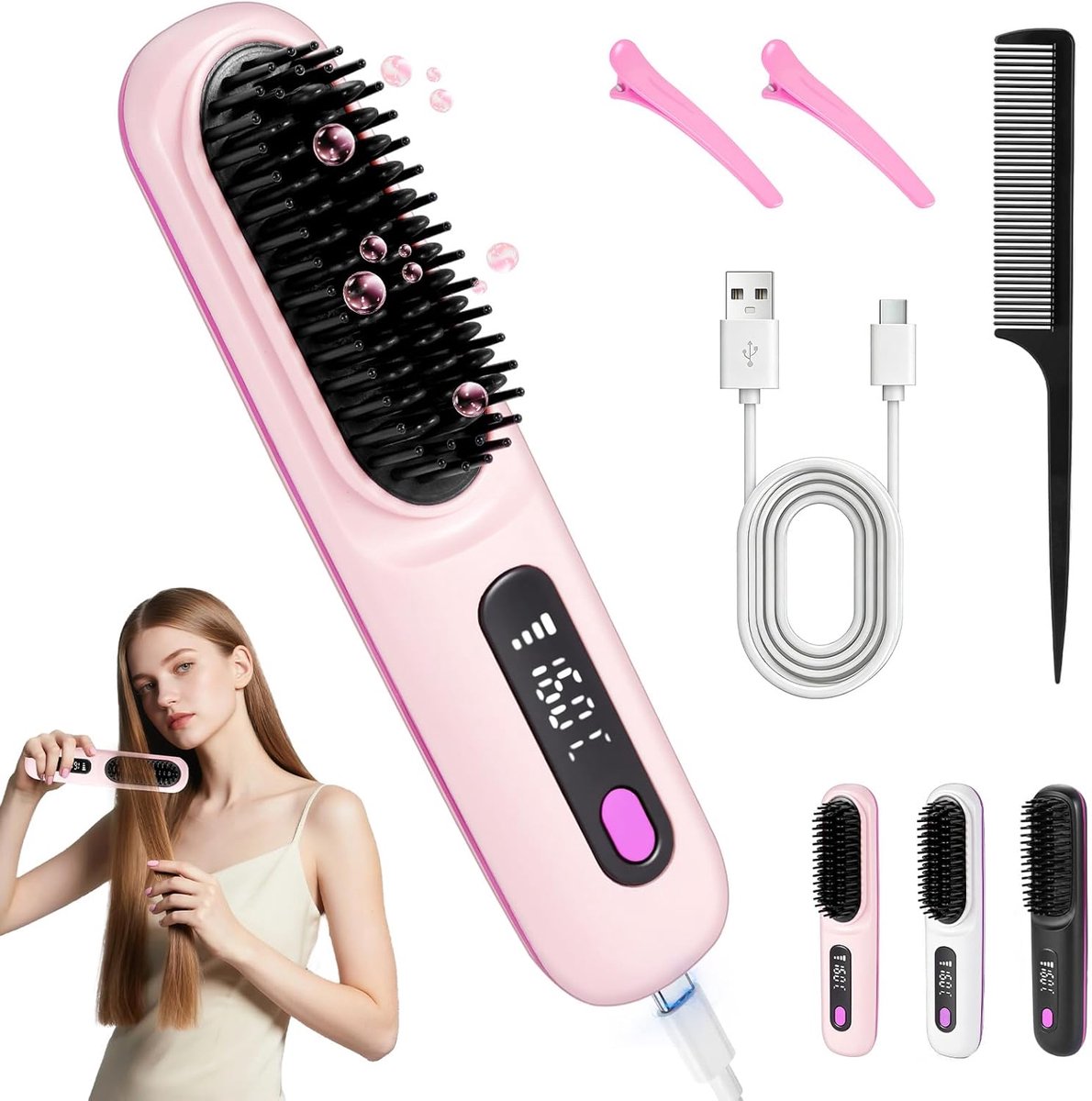 mini-haarborstel, stijlborstel, draadloos, stylingborstel voor kort haar, elektrische stijlborstel, stijlborstel, Hot Comb voor reizen, met led-display en 3 temperatuurinstellingen