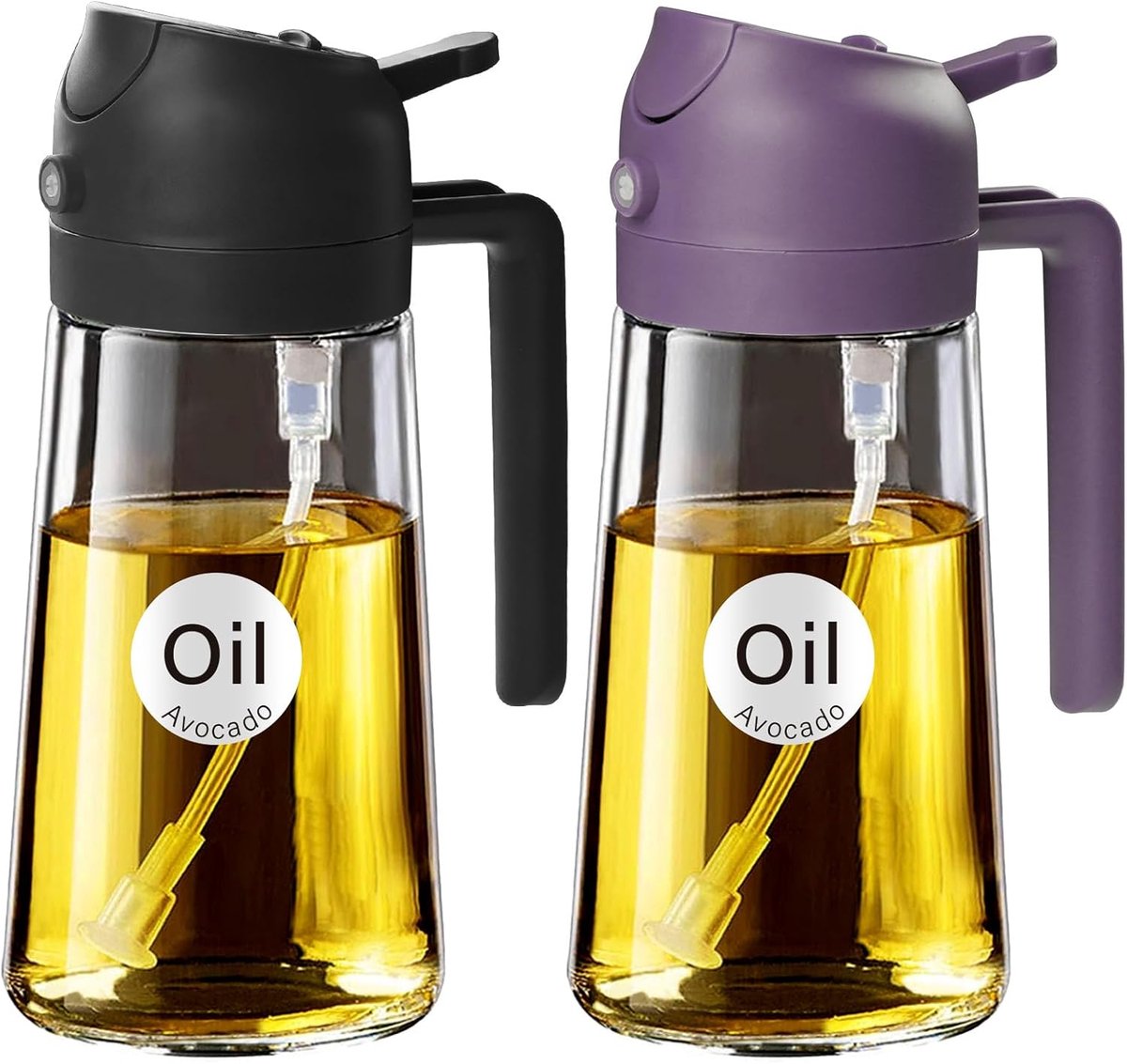 16oz/470ml oliesproeier om te koken met stickers, voedselveilige premium 2-in-1 olijfoliedispenserfles voor keukengadgets, luchtfriteuse, salade, frituren, barbecue (zwartpaars)