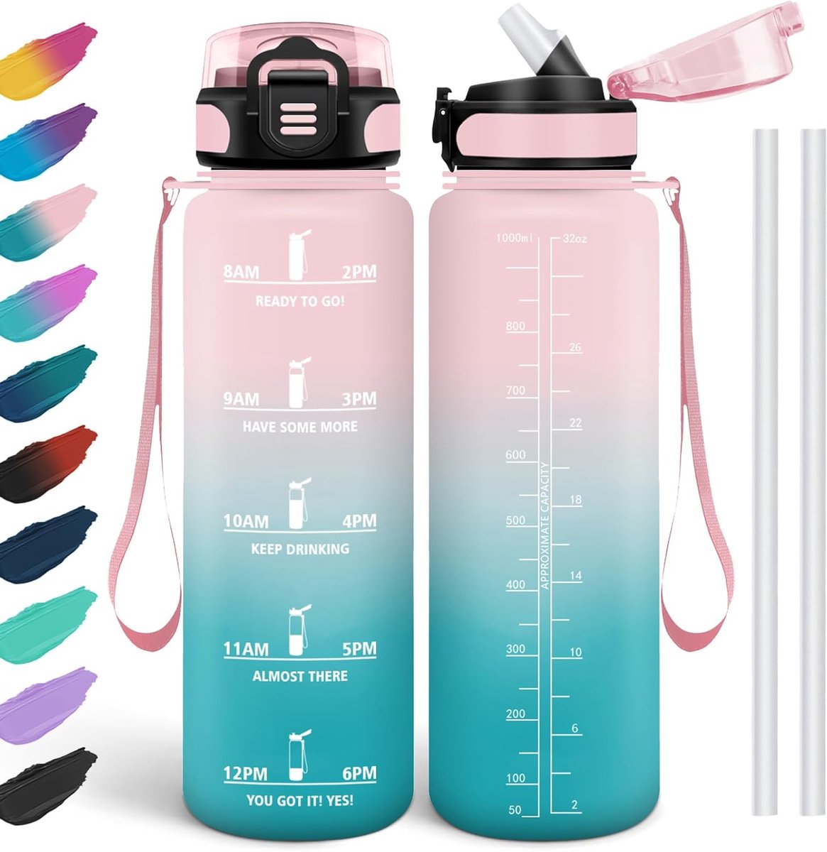 Waterfles, 1 l, lekvrij, drinkfles voor koolzuurhoudende dranken, BPA-vrij, drinkfles met rietje voor school, fiets, fitness