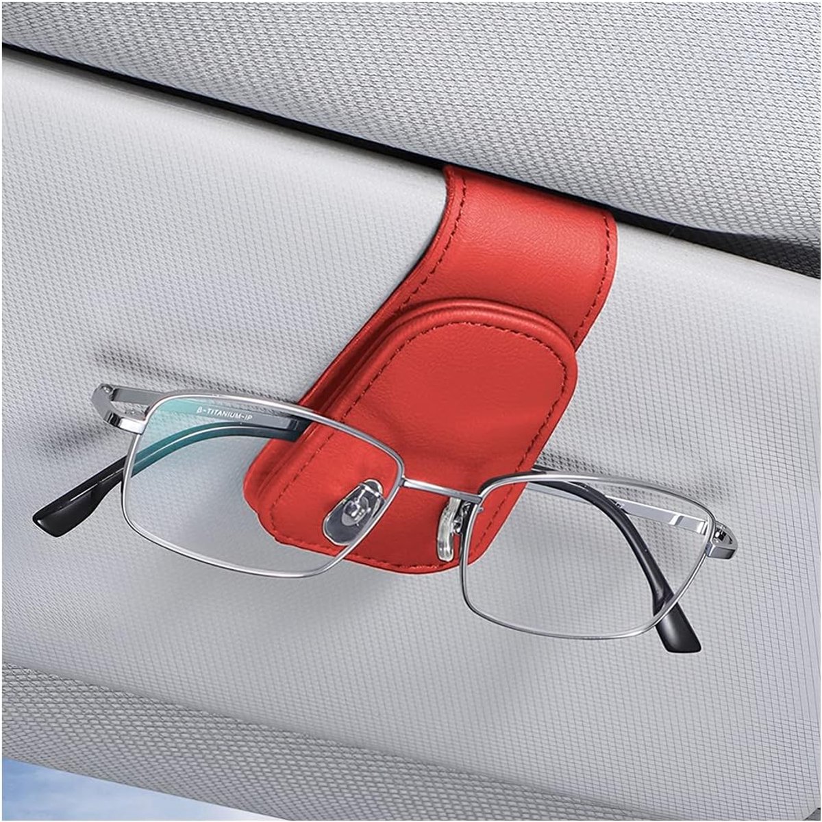 Brillenhouder voor auto, magnetisch, van leer, clip, brilbeugel voor auto, zonnebrilhouder, universeel, met kaartclip (rood)