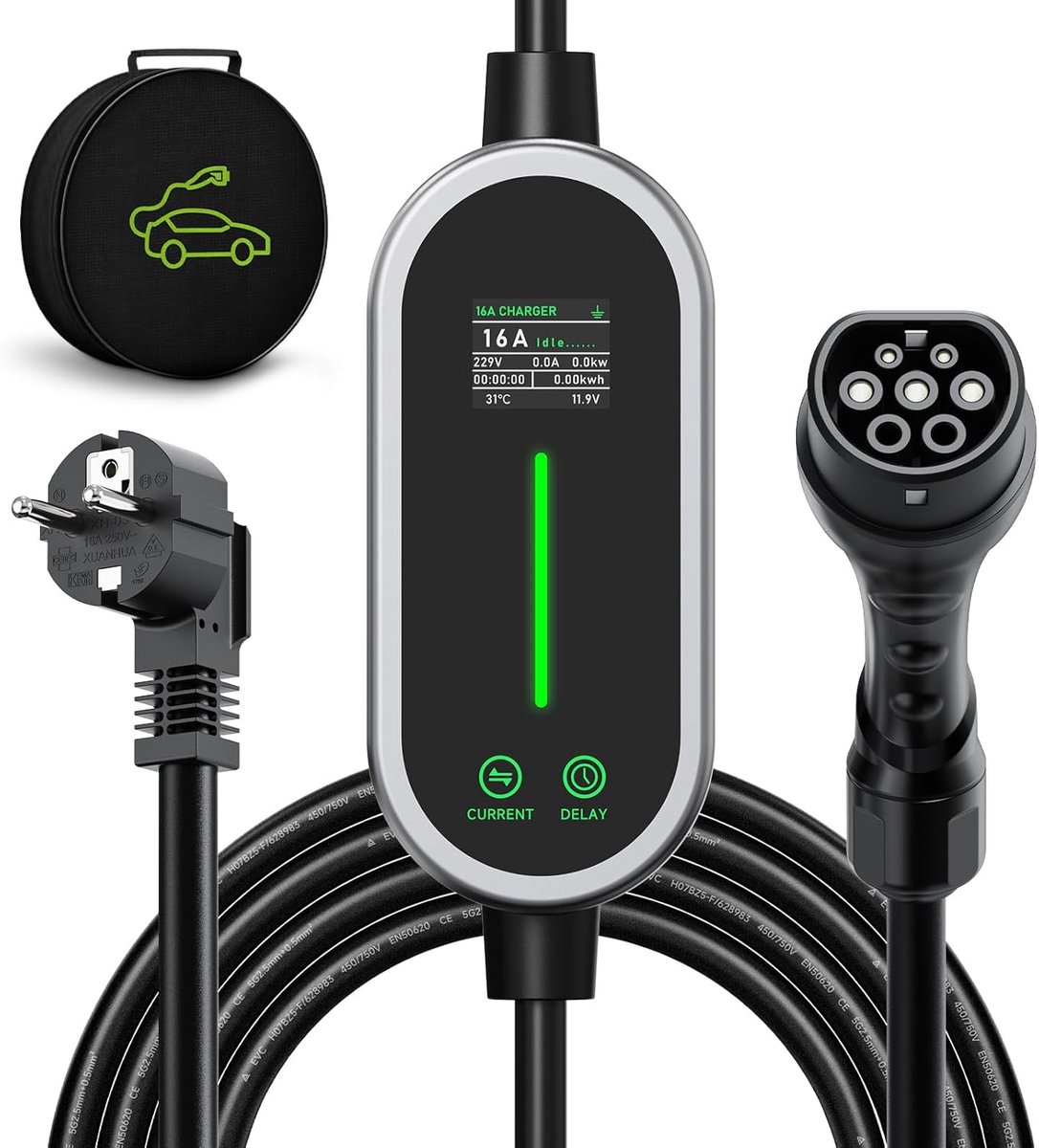 2 oplaadkabel 3,6kW 10m, 6-16A eenfasige oplader Type 2, oplaadkabel elektrische auto Type 2 Schuko, draagbare EV-oplader, instelbare stroom en instelling starttijd voor alle EV PHEV IEC
