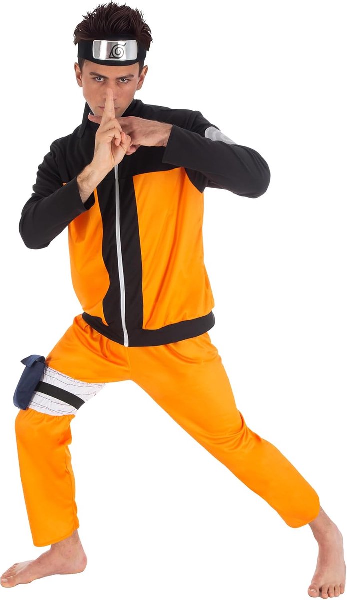 - Naruto-kostuum, cosplay-anime-outfit voor conventies | Officiële Naruto-outfit, 5-delige set met top, broek, bandana, heuptasje en beenband, carnaval