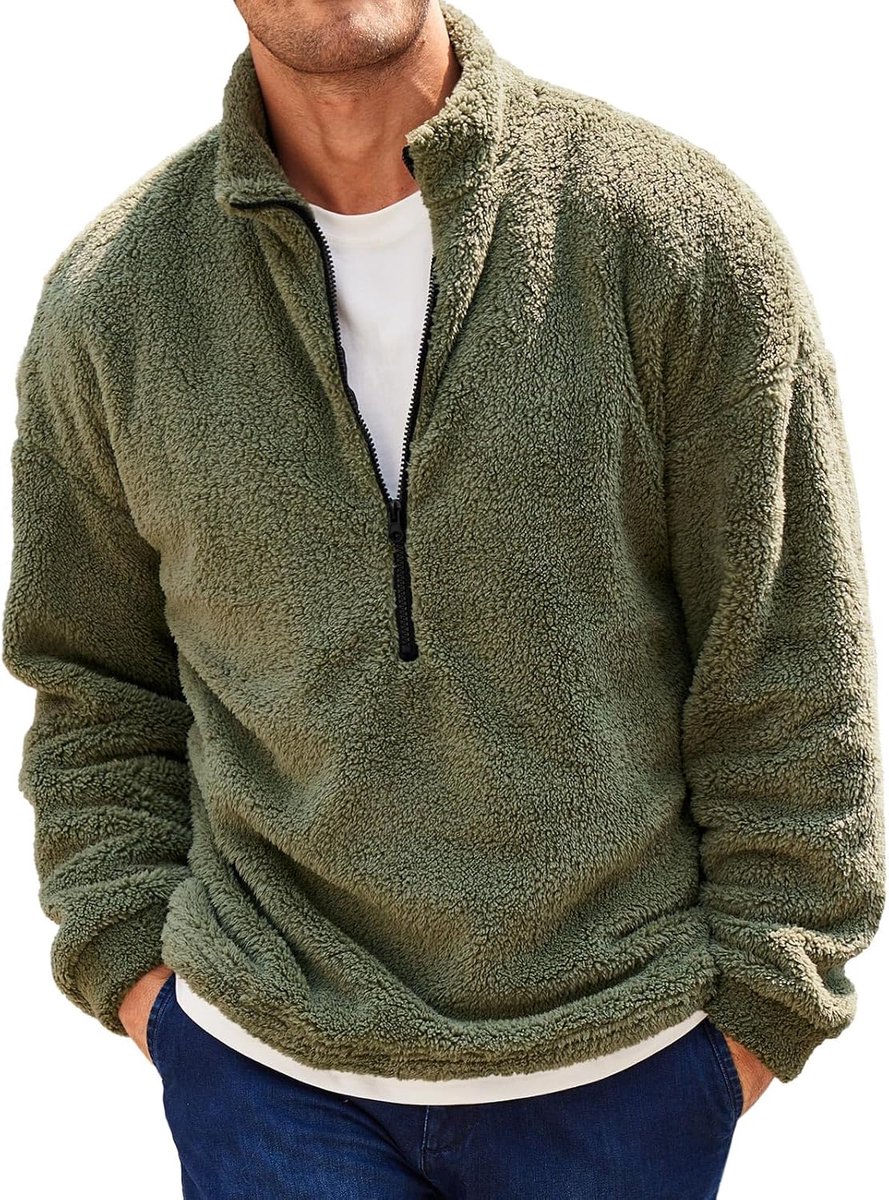 Heren pluche pullover 1/4 rits teddy fleece sweatshirt Fuzzy Sherpa bovenstuk lichte casual basic trui tops herfst winter