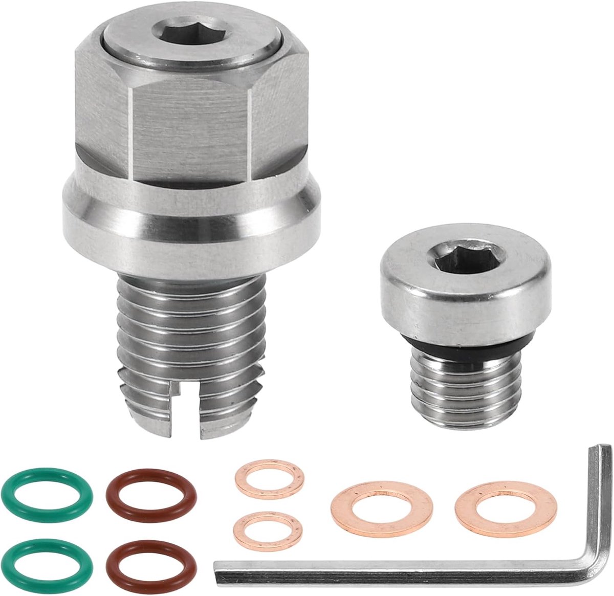 auto, motorfiets, boot, olieaftapschroef, lekvrij, afvoerschroef voor oliefiler, zilver met koperen afdichting M10,4-1,25 mm