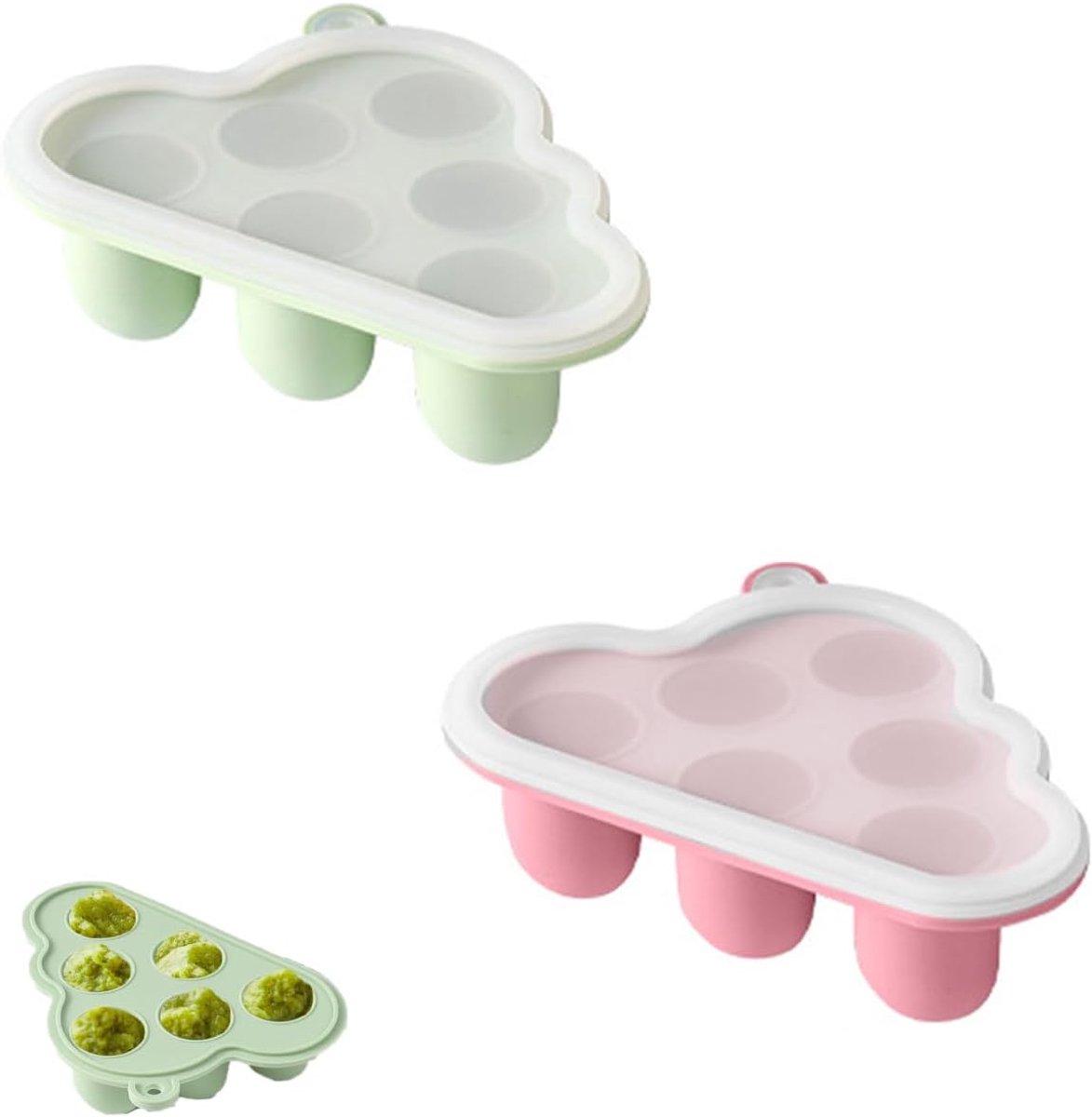 Set van 2 vriesbakjes voor baby's van siliconen met deksel – 6 porties voedselvormen voor diversificatie van levensmiddelen, groen en roze