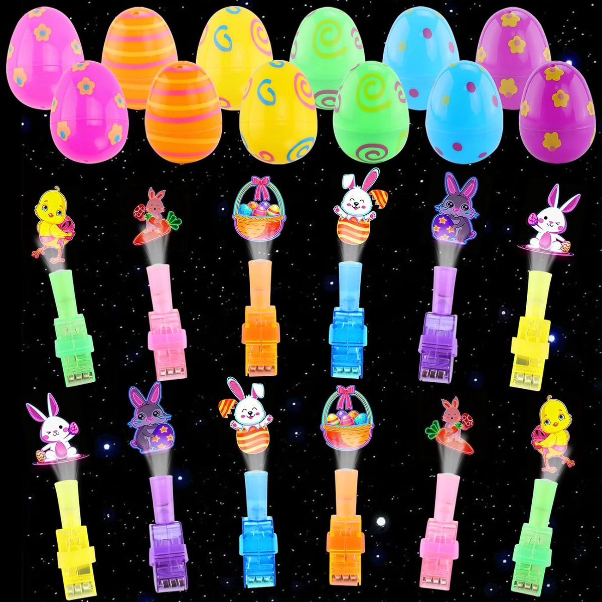 12 stuks paaseieren met vingerzaklantaarn, paasgeschenken, plastic eieren met LED-projector, motieven, vulbare paaseieren voor paaseieren zoeken, paasmandje vulling, kleine paasgeschenken