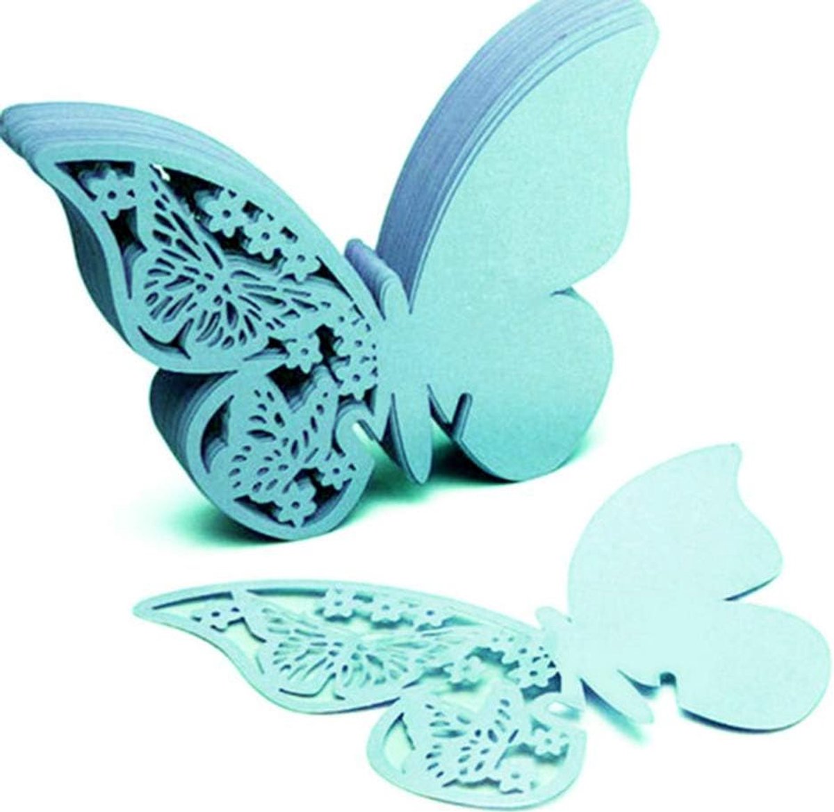 100 stuks vlindertrechterlier,tafelkaarten,naamkaarten,glazen hangers,muurstickers voor tafeldecoratie,bruiloft,feest,huisdecoratie,vlinder,tafelkaarten,laserplaatskaarten,naamkaarten,Tiffany-blauw