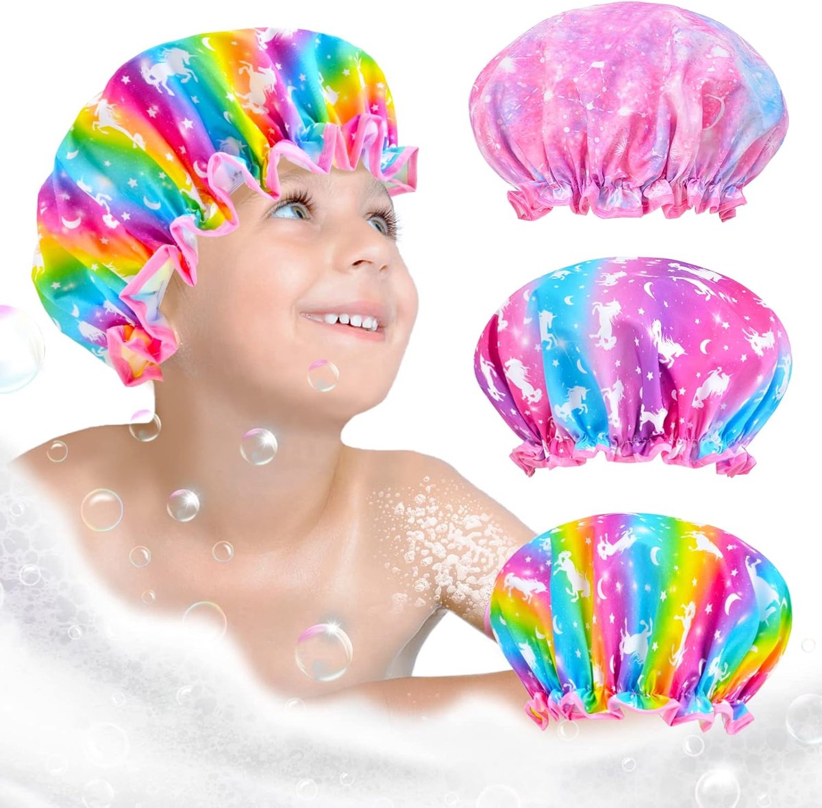 Kinder Douchemuts, 3 Stuks Douchemuts voor Meisjes Herbruikbaar Waterdicht Verstelbaar Grote Haarmuts Eenhoorn Zeemeermin Regenboog Schattige Haardeksel