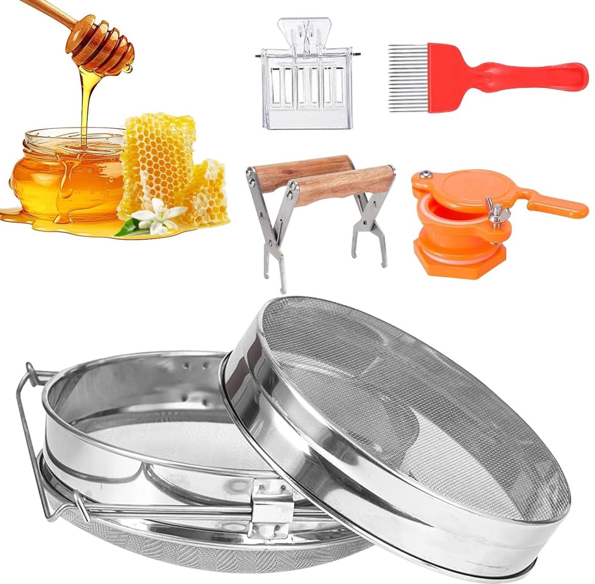 dubbele zeef Fliter, 5-delige roestvrijstalen dubbele zeef honingfilterset, 25 x 25 cm honing vuilzeeffilter, bijenteeltaccessoires, uitrusting voor het filteren van honing