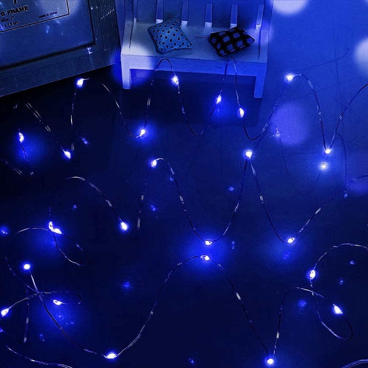 Batterij Aangedreven Slingerlichten, 50 LED 5M/1,52M Micro Zilveren Draad LED Vuurvliegje Licht DIY Decoratie voor Slaapkamer Tent Potten Muur (Blauw)