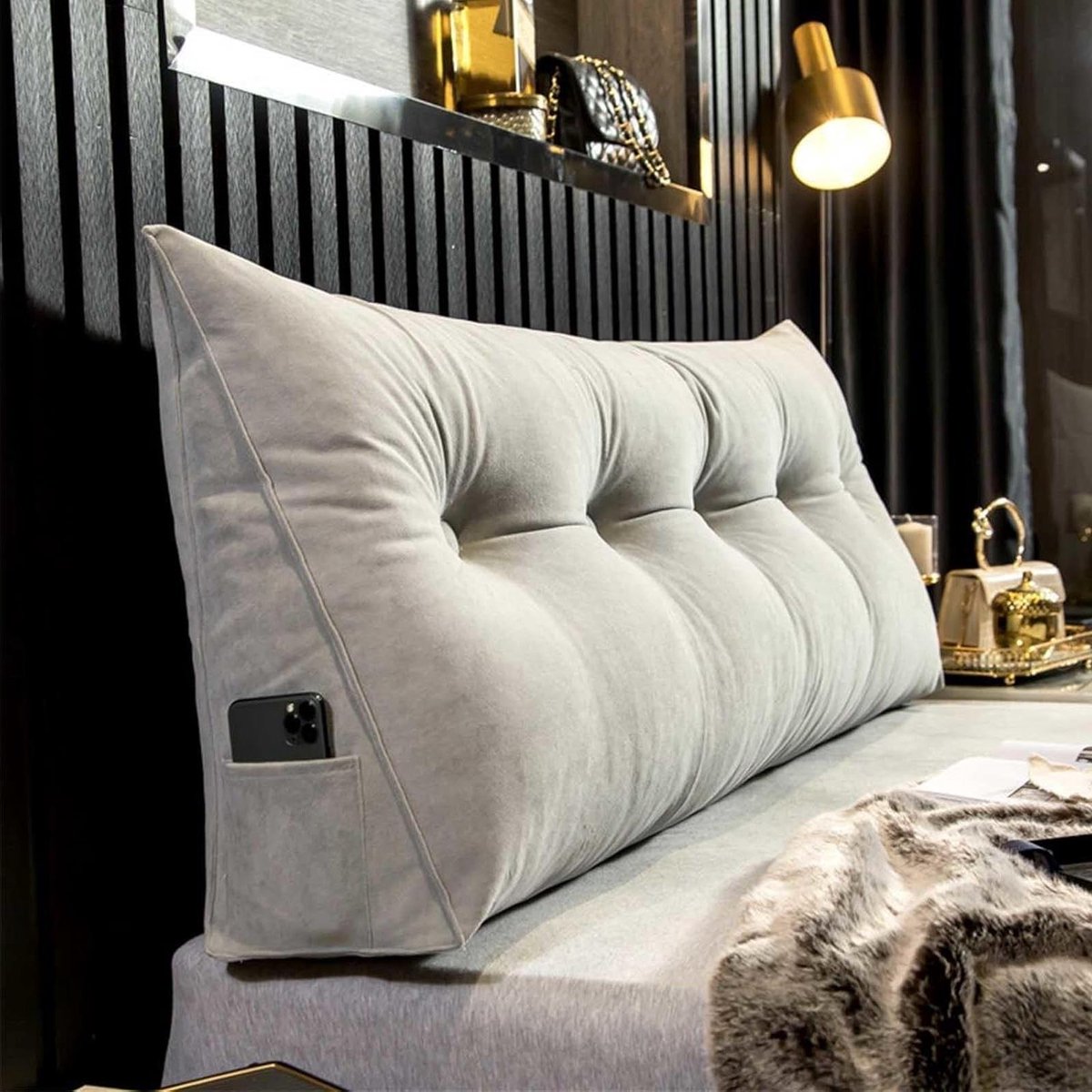 Wigkussen Bed - Leeskussen Rugsteun - Comfortabel Lezen - Verwijderbare Hoes - 60x50x20cm - Lichtgrijs
